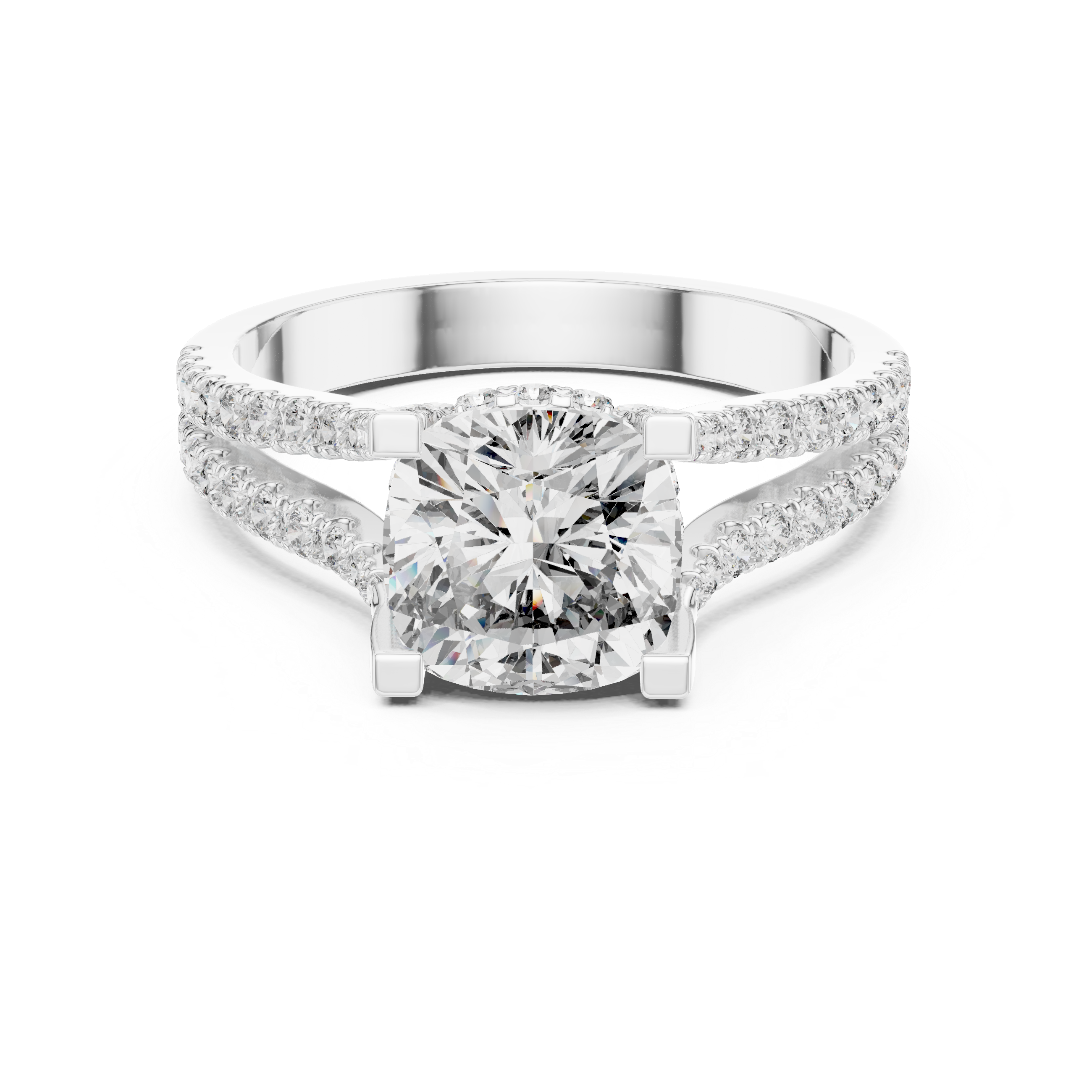 Cushion Cut Diamond Split Shank Ring with Pavé Band
