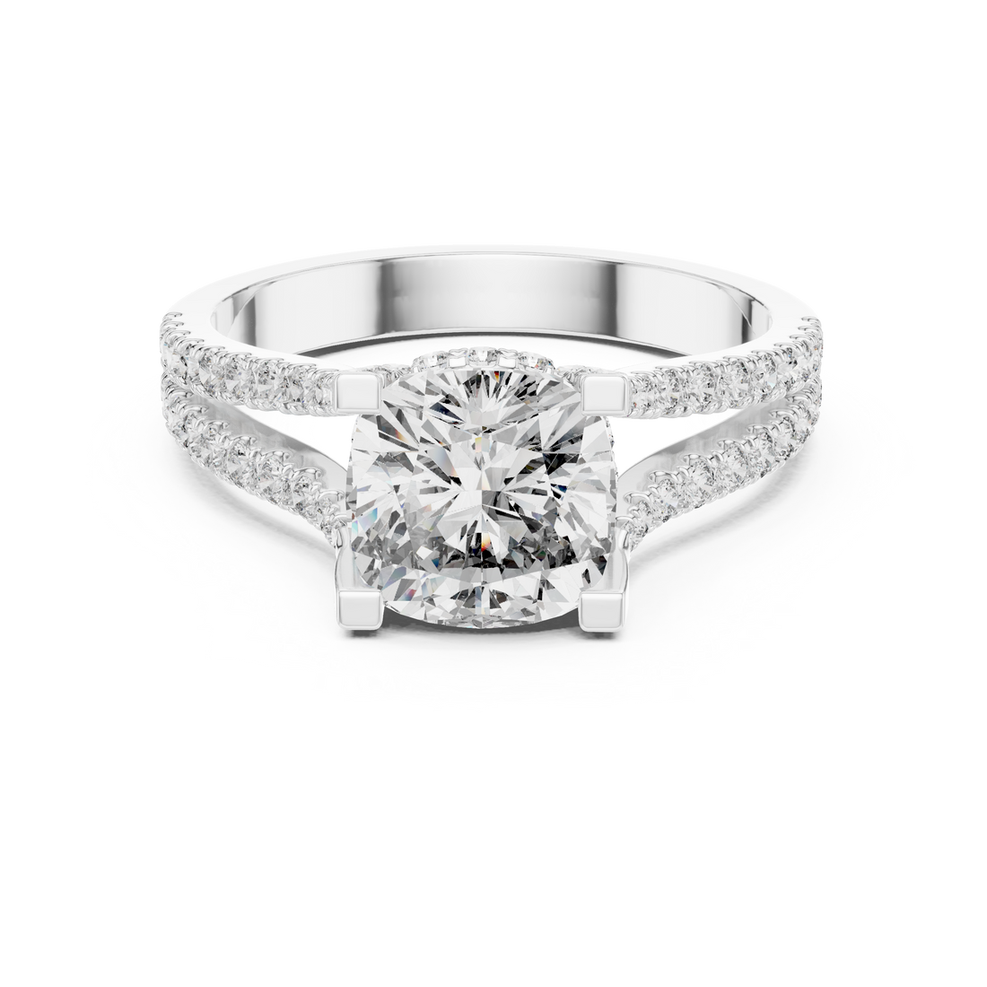 Cushion Cut Diamond Split Shank Ring with Pavé Band