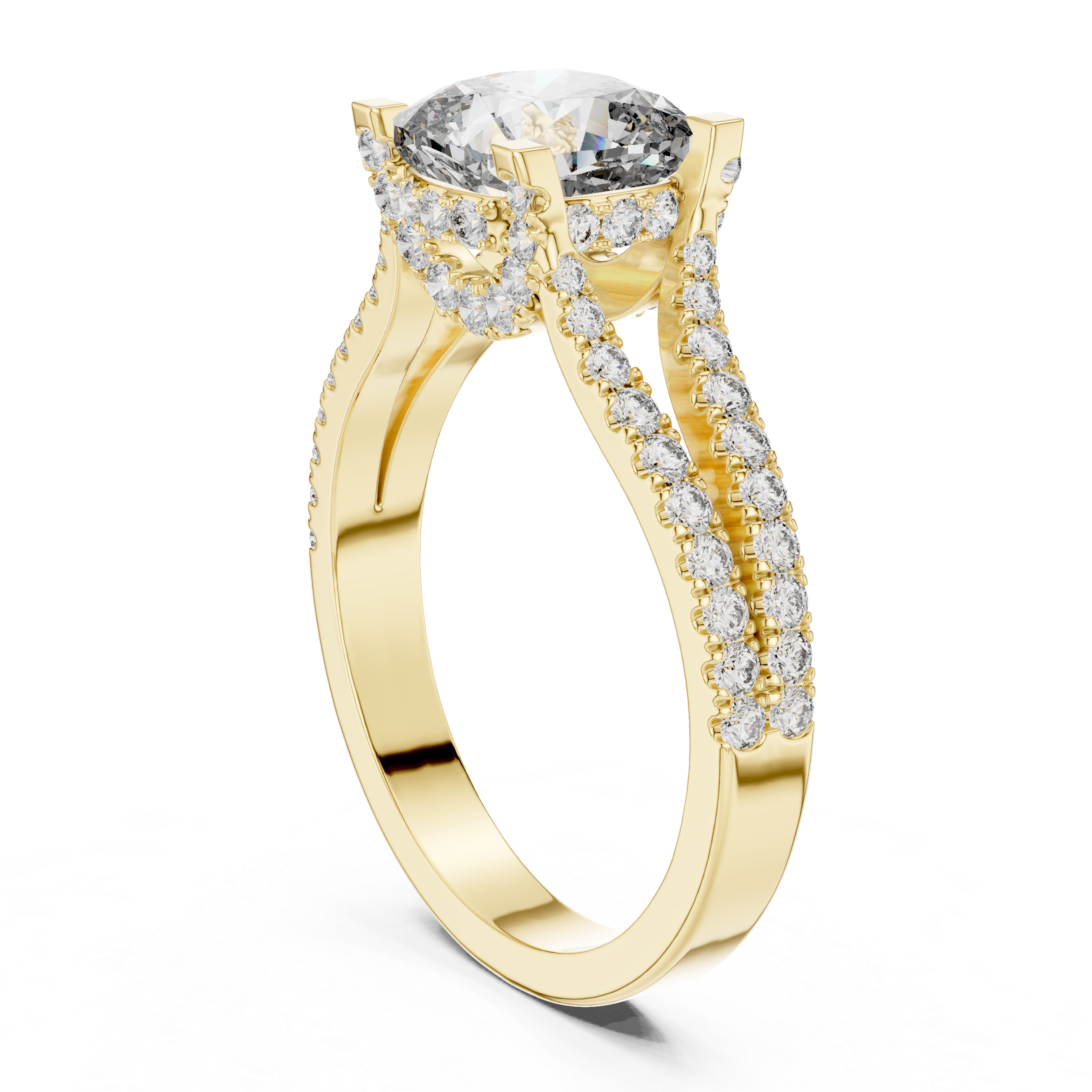 Cushion Cut Diamond Split Shank Ring with Pavé Band