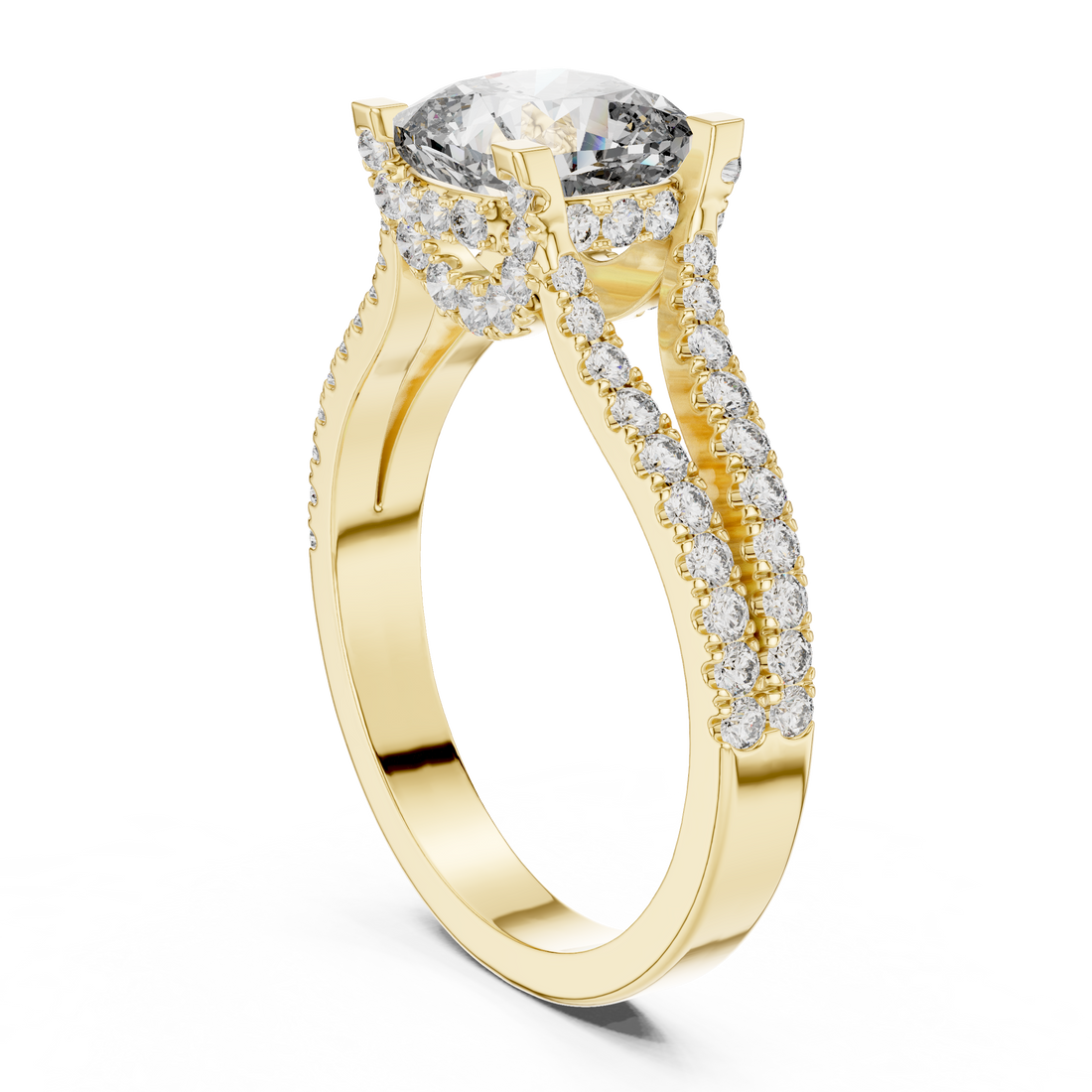 Cushion Cut Diamond Split Shank Ring with Pavé Band
