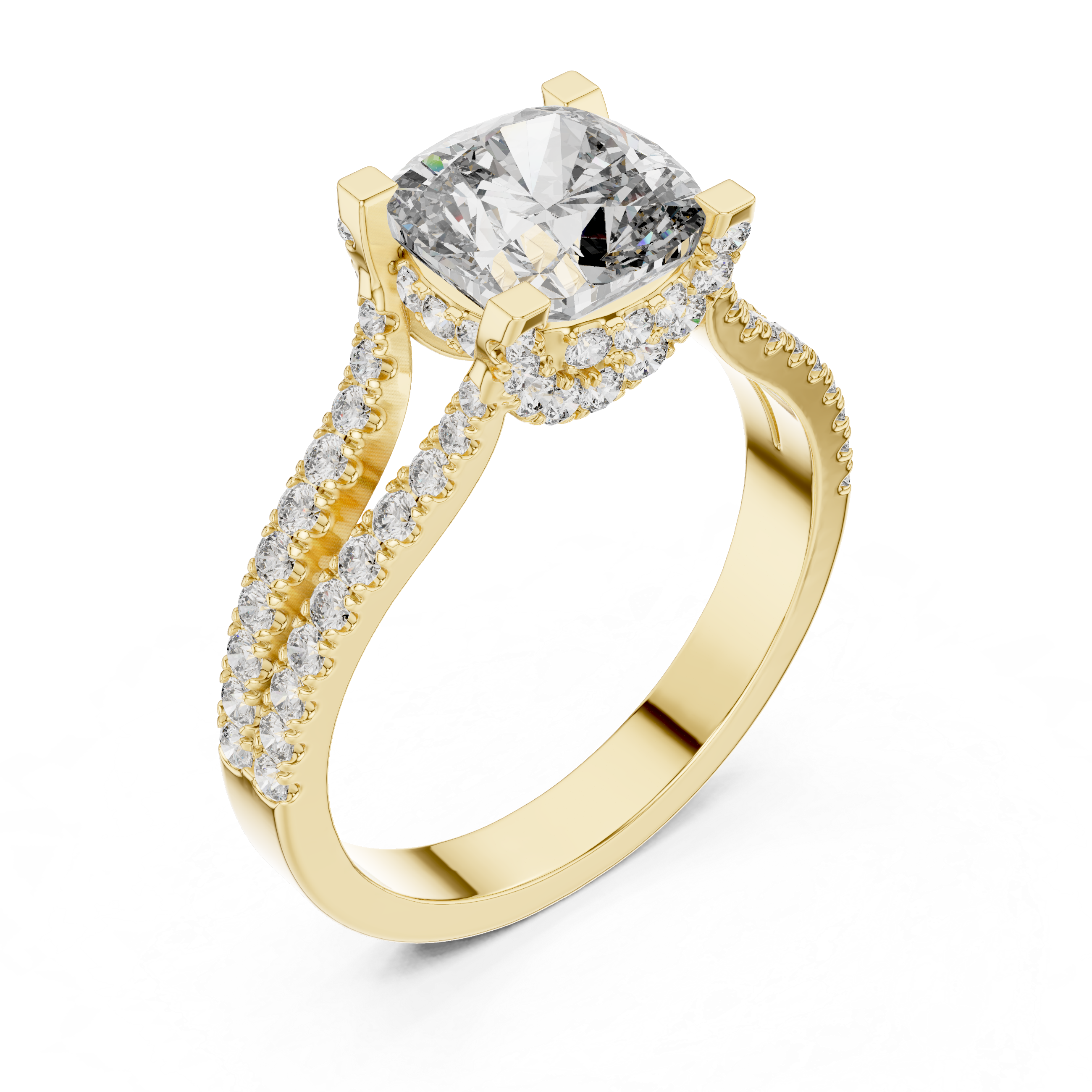 Cushion Cut Diamond Split Shank Ring with Pavé Band