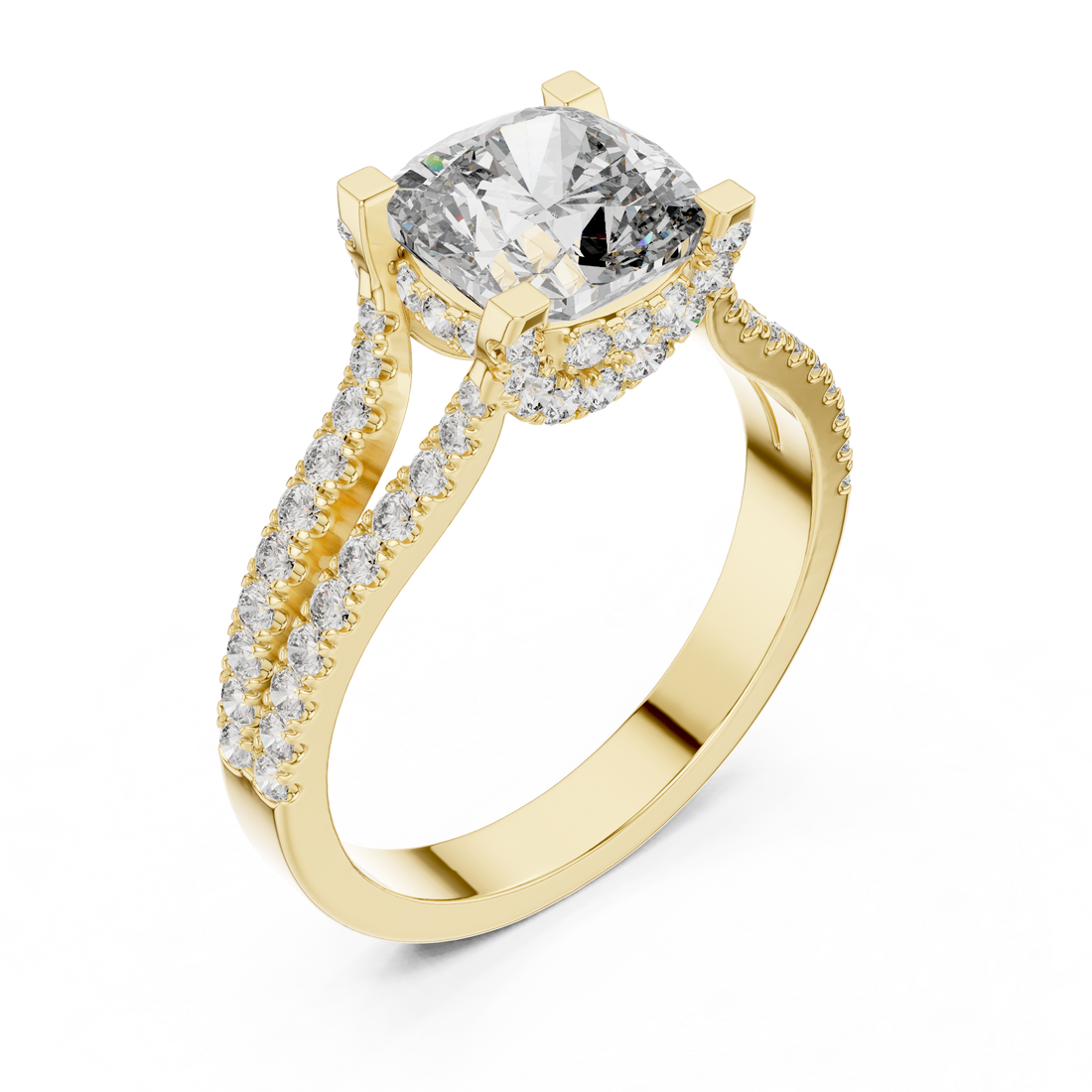 Cushion Cut Diamond Split Shank Ring with Pavé Band