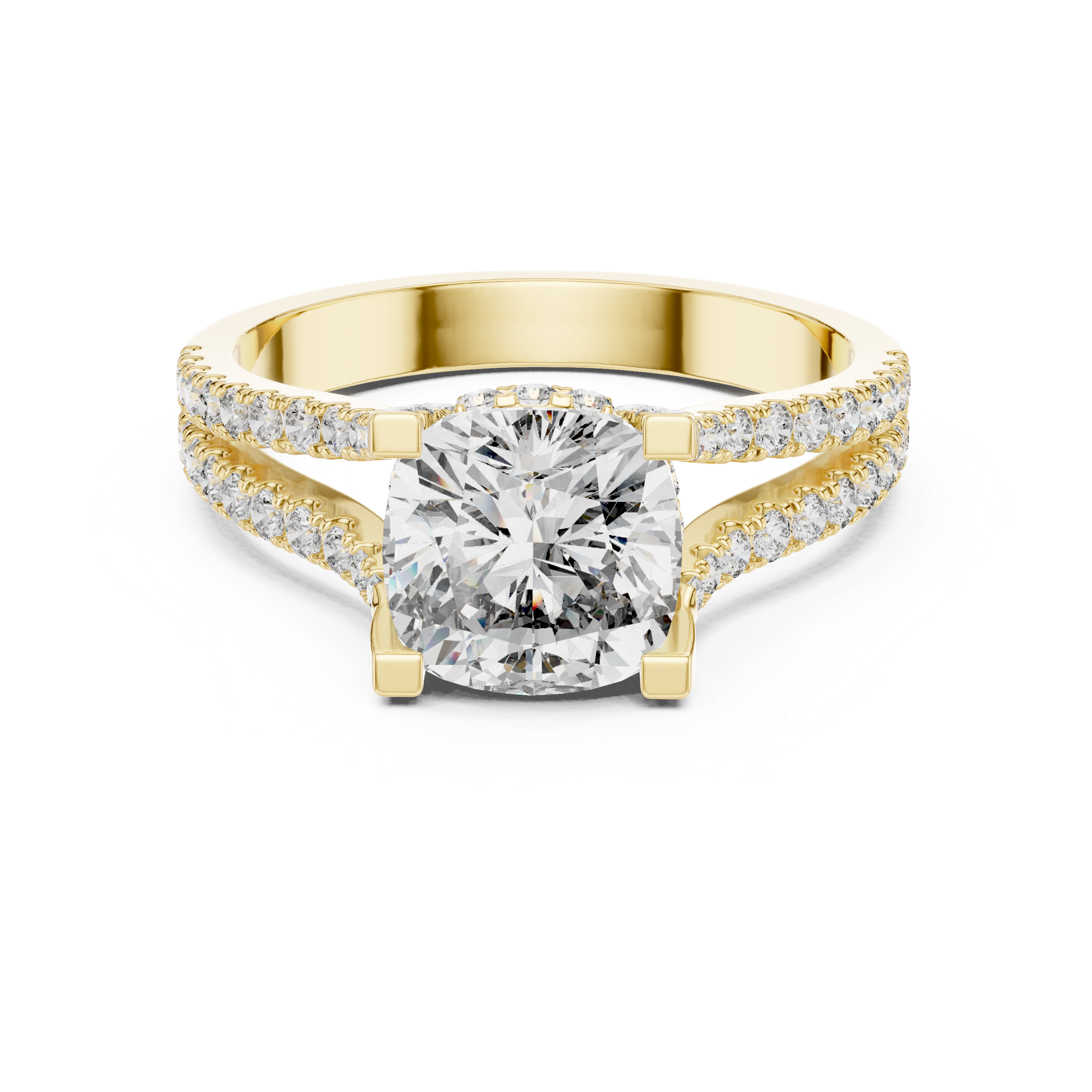 Cushion Cut Diamond Split Shank Ring with Pavé Band