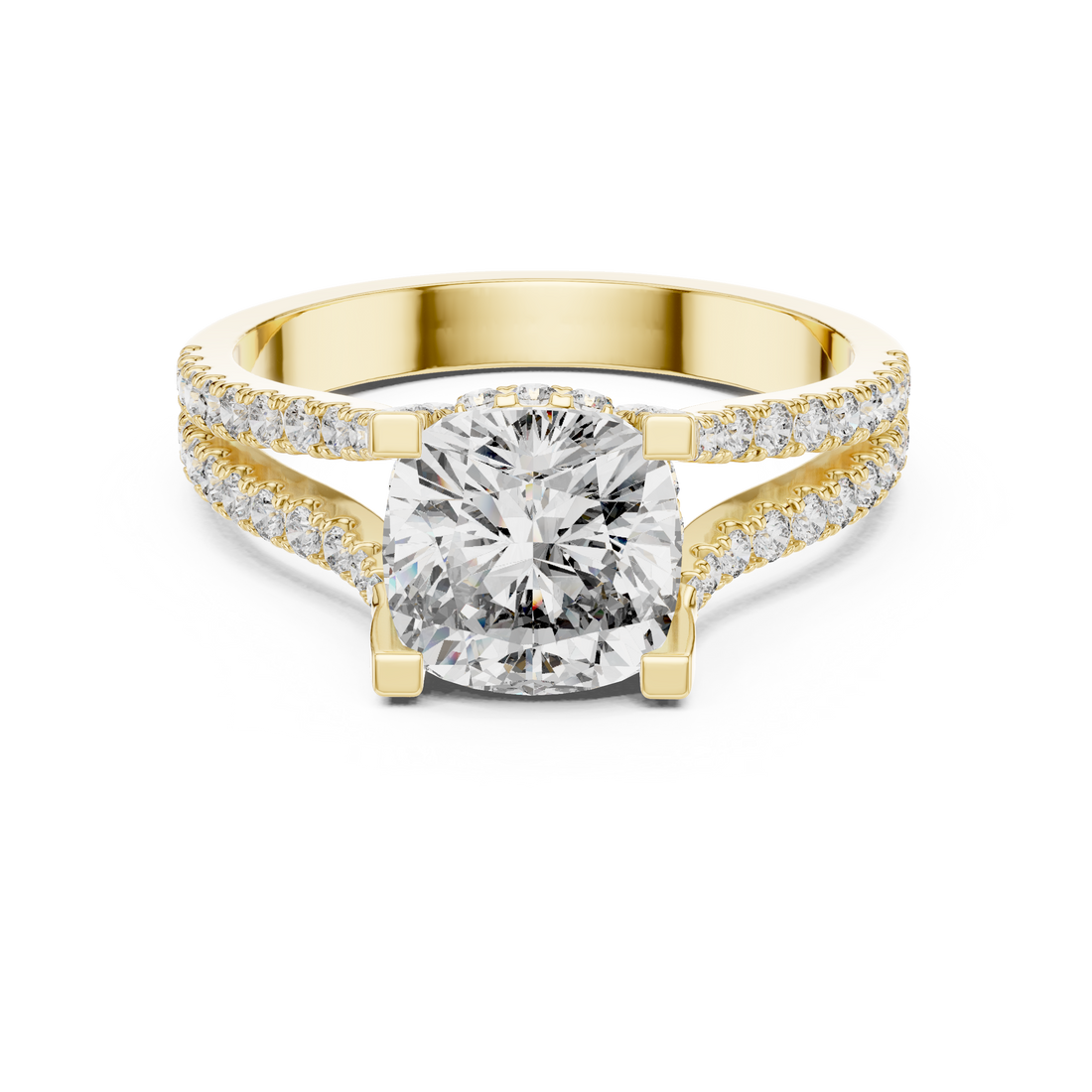 Cushion Cut Diamond Split Shank Ring with Pavé Band