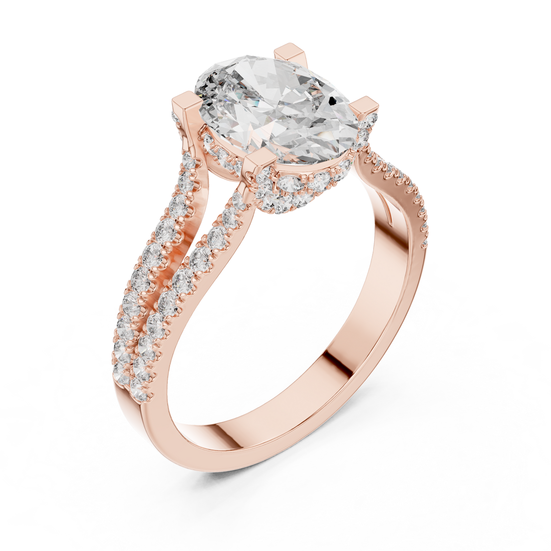 Oval Cut Diamond Split Shank Ring with Pavé Band