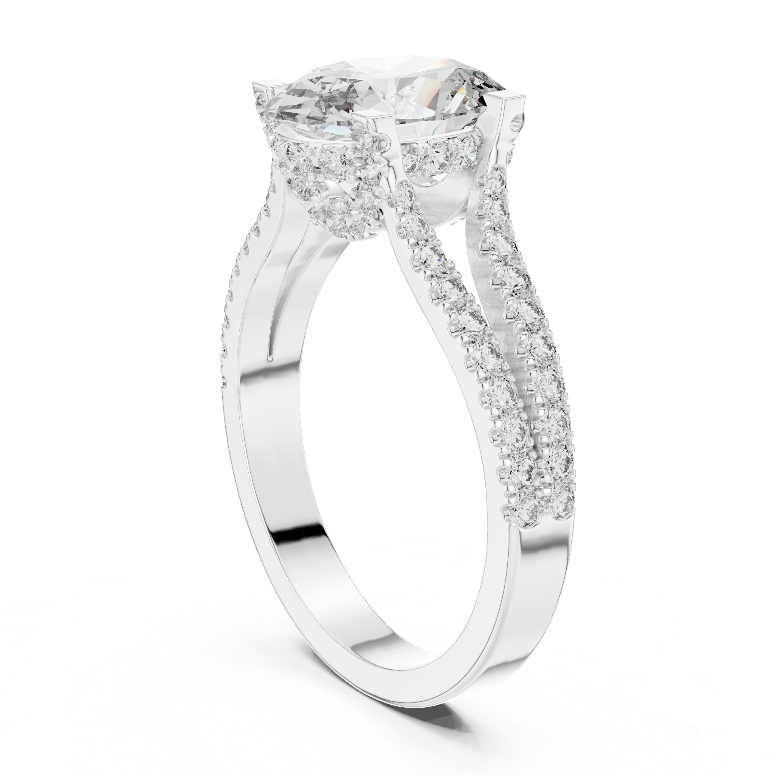 Oval Cut Diamond Split Shank Ring with Pavé Band
