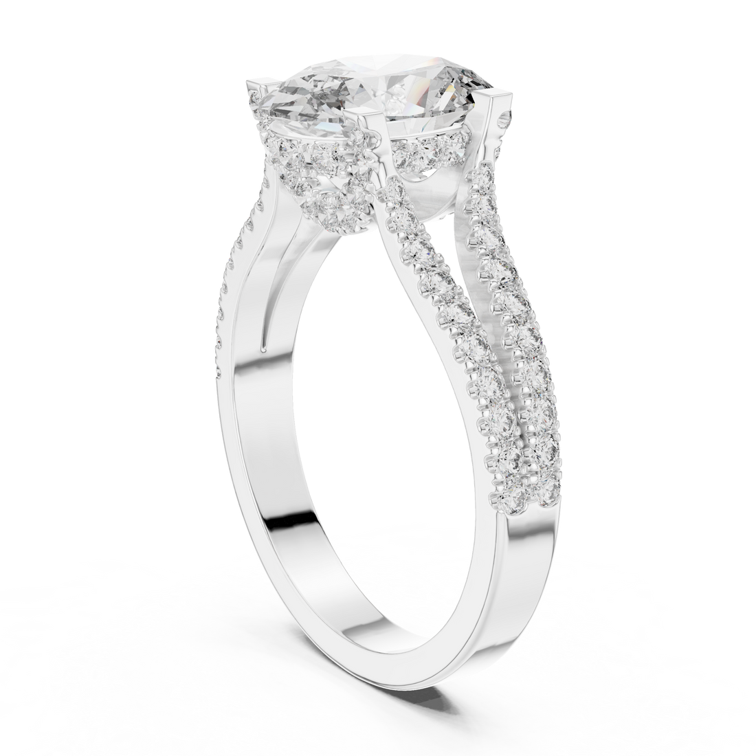 Oval Cut Diamond Split Shank Ring with Pavé Band