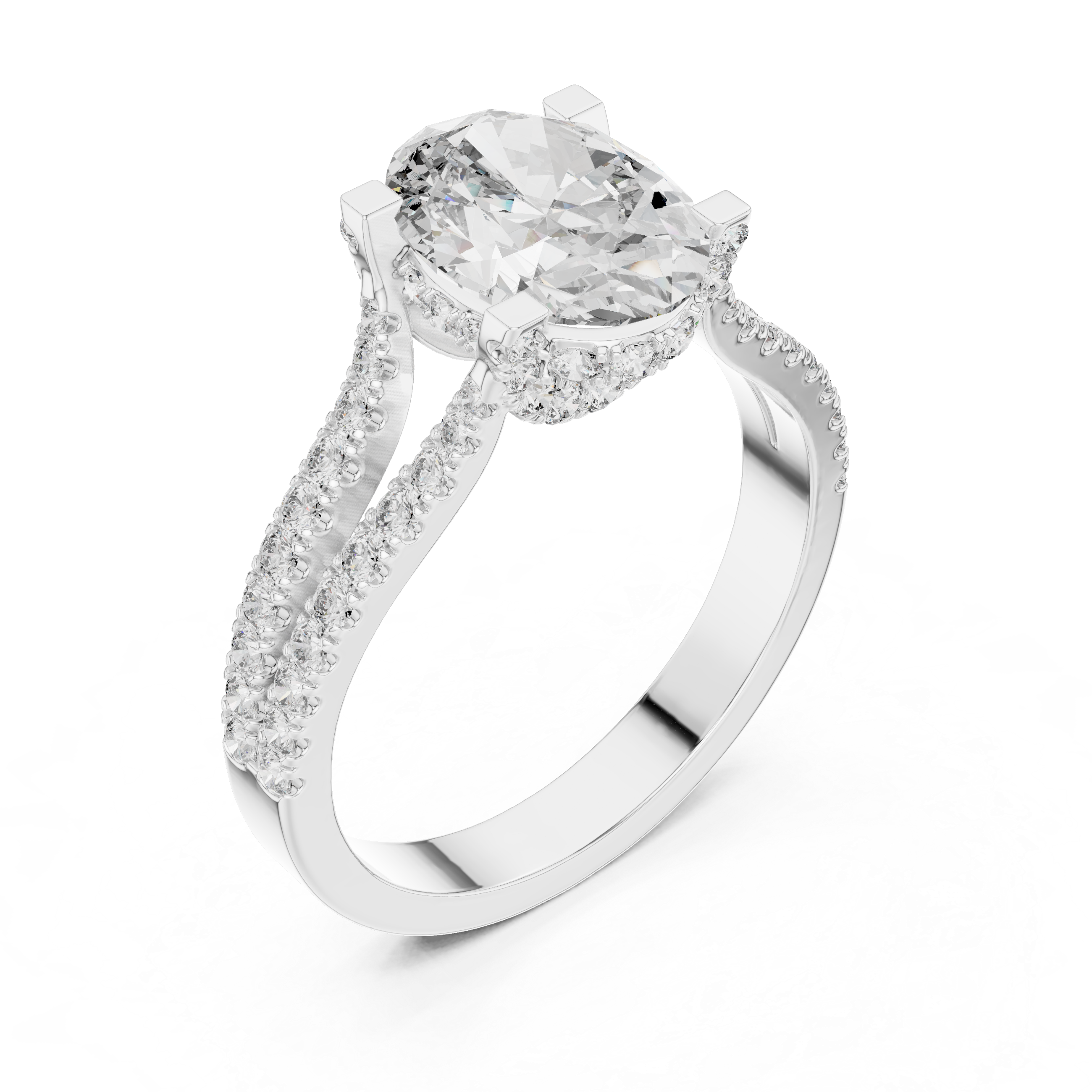 Oval Cut Diamond Split Shank Ring with Pavé Band