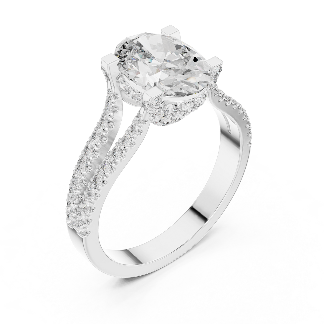Oval Cut Diamond Split Shank Ring with Pavé Band