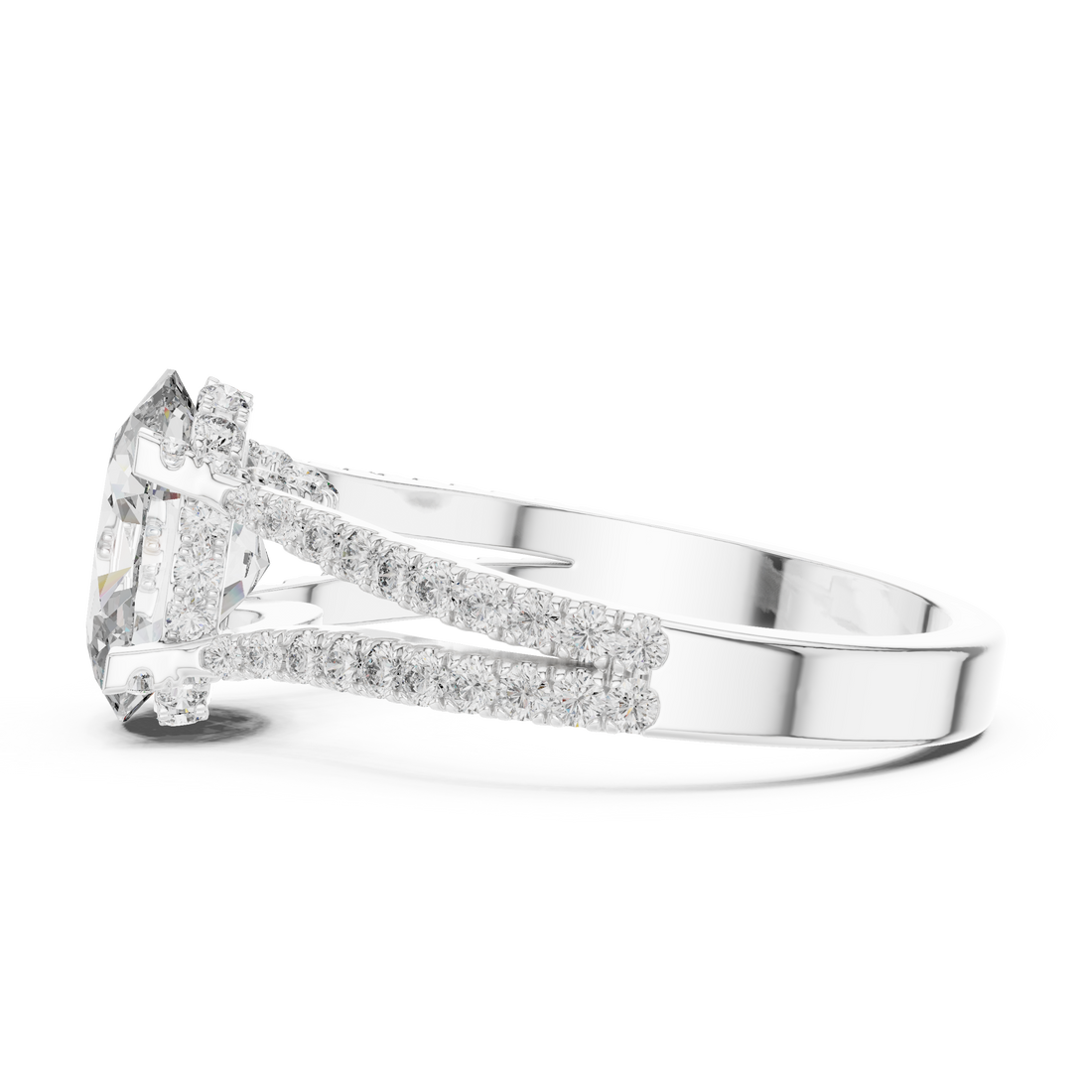 Oval Cut Diamond Split Shank Ring with Pavé Band