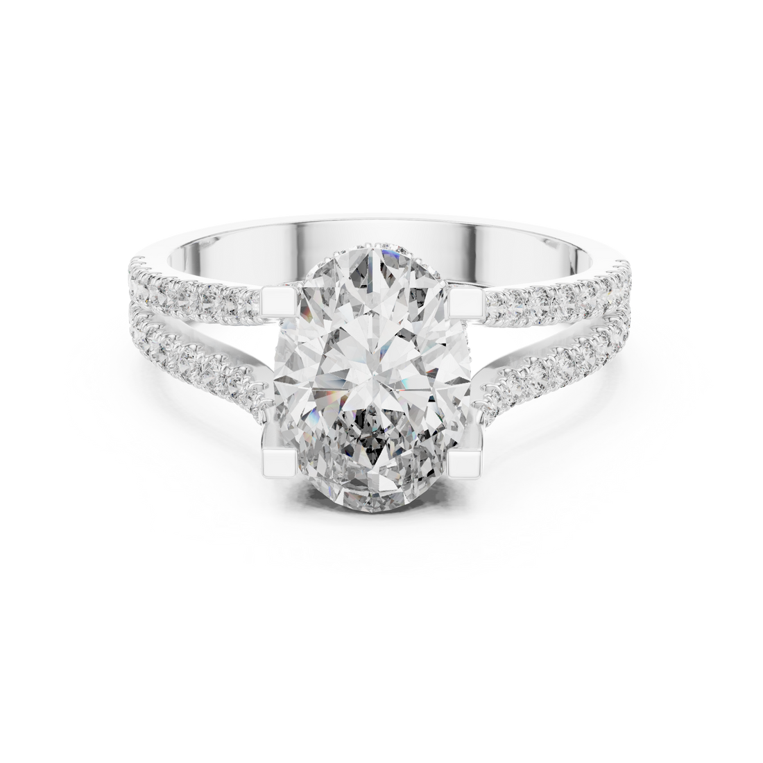 Oval Cut Diamond Split Shank Ring with Pavé Band