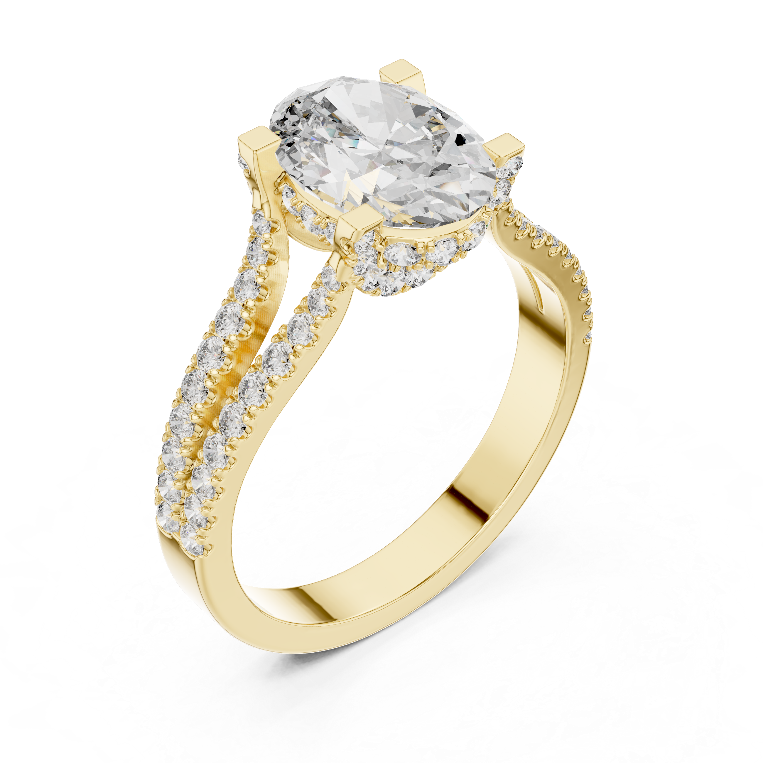 Oval Cut Diamond Split Shank Ring with Pavé Band