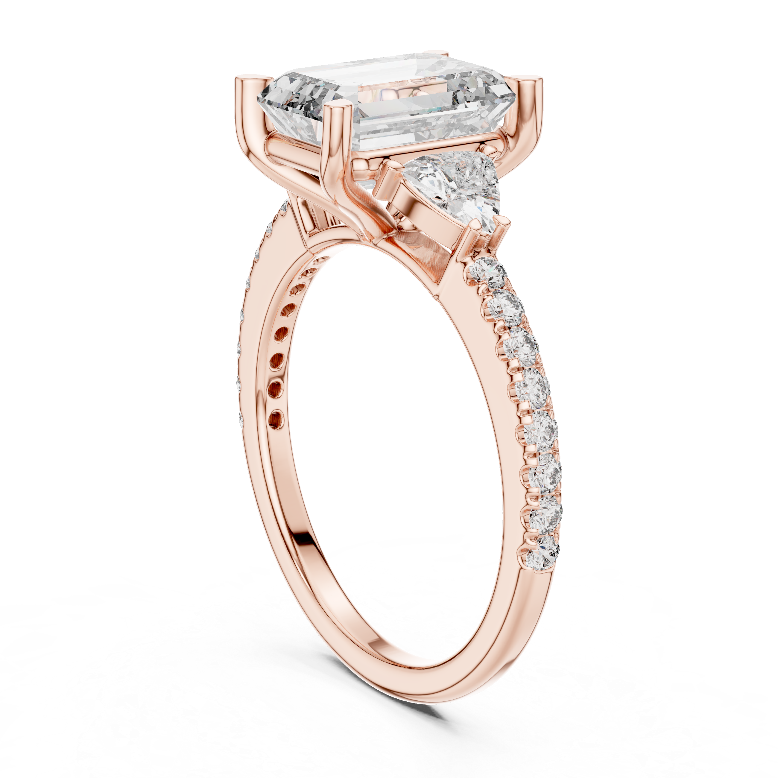 Emerald Cut Diamond Three Stone Engagement Ring with Trillion Side Stones and Pavé Band