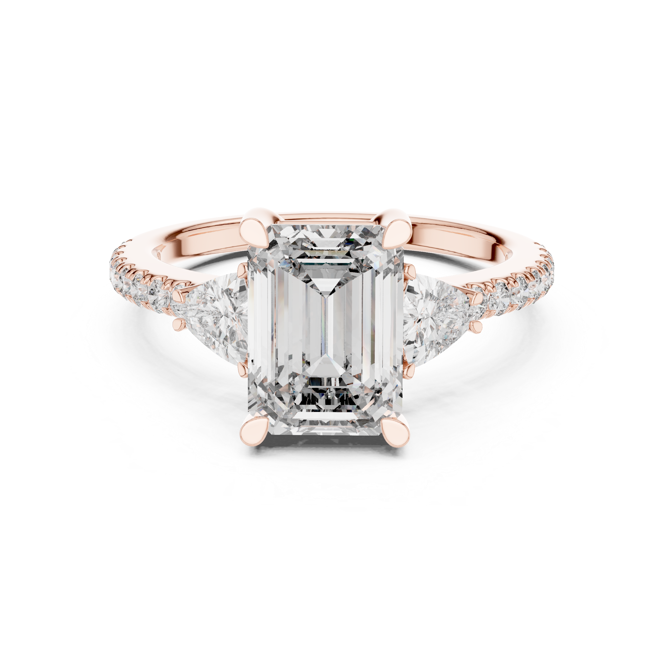 Emerald Cut Diamond Three Stone Engagement Ring with Trillion Side Stones and Pavé Band