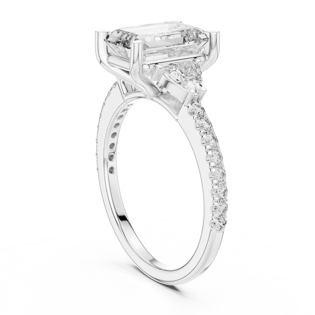 Emerald Cut Diamond Three Stone Engagement Ring with Trillion Side Stones and Pavé Band
