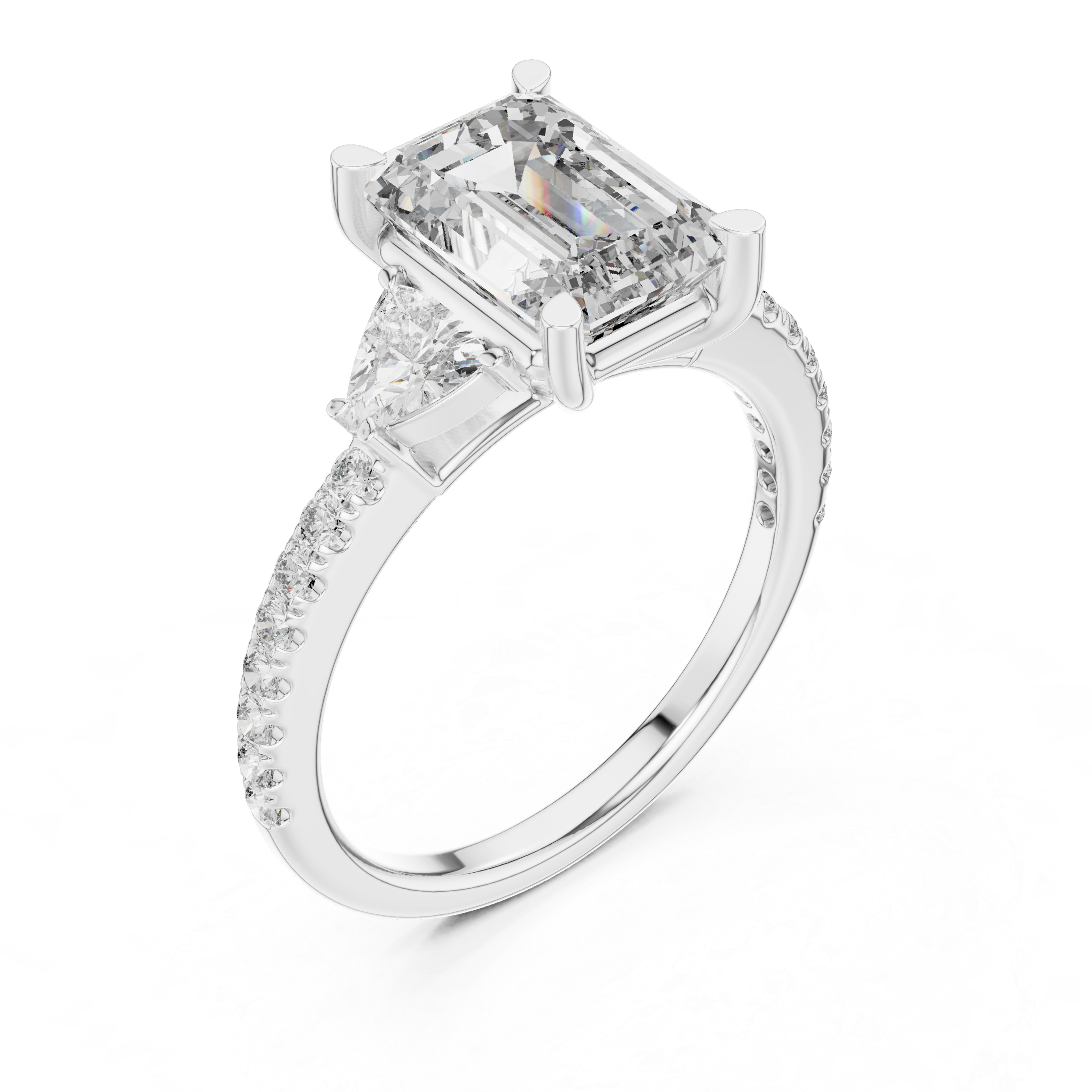 Emerald Cut Diamond Three Stone Engagement Ring with Trillion Side Stones and Pavé Band