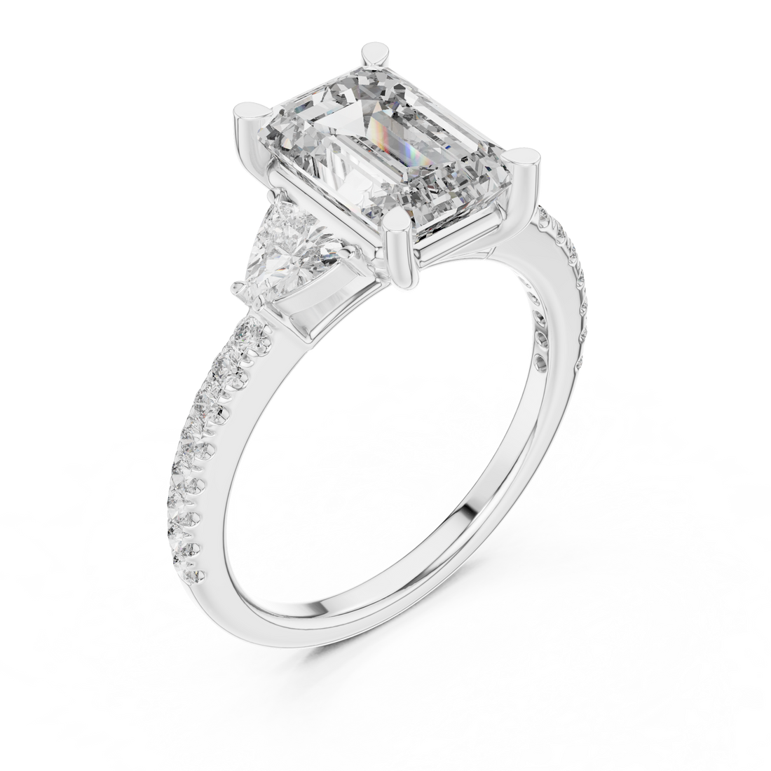 Emerald Cut Diamond Three Stone Engagement Ring with Trillion Side Stones and Pavé Band