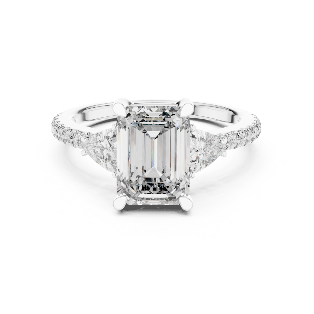 Emerald Cut Diamond Three Stone Engagement Ring with Trillion Side Stones and Pavé Band