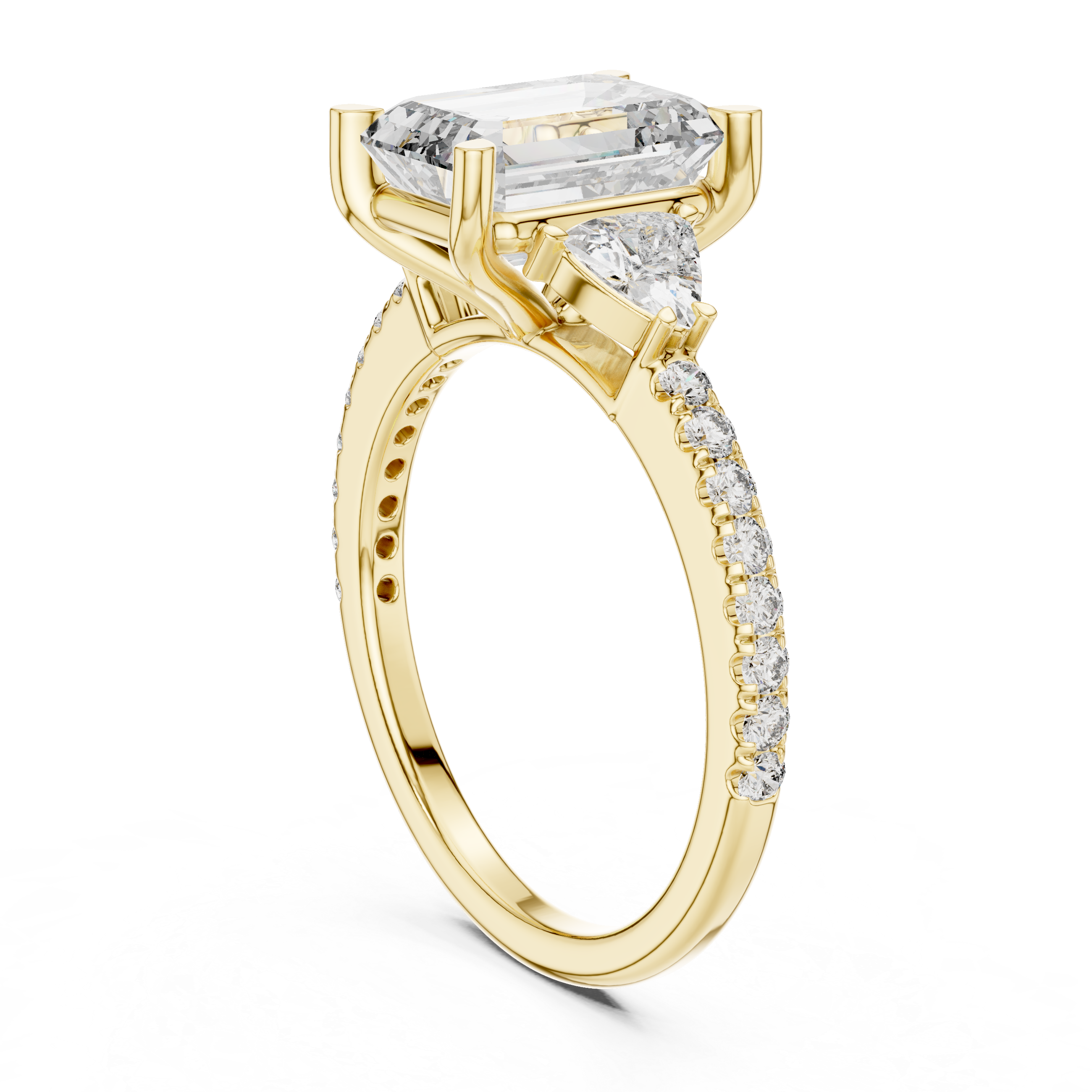 Emerald Cut Diamond Three Stone Engagement Ring with Trillion Side Stones and Pavé Band