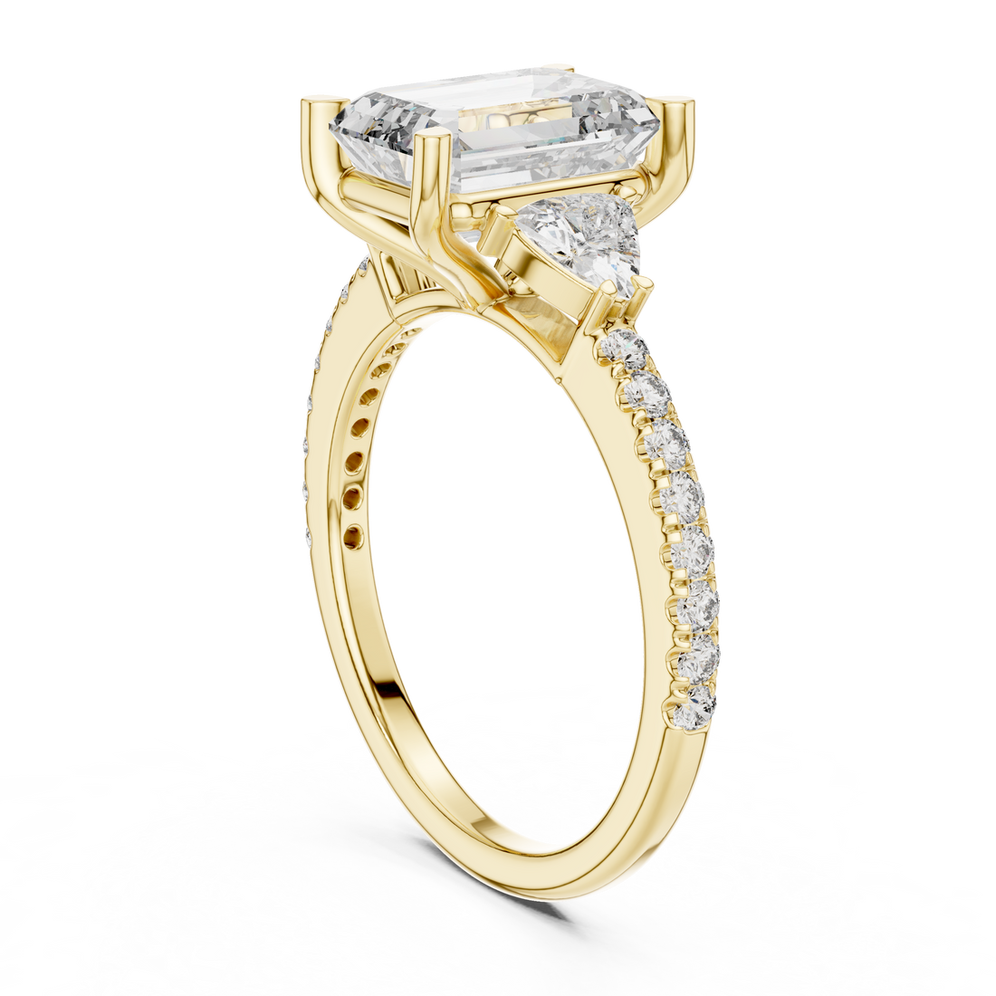 Emerald Cut Diamond Three Stone Engagement Ring with Trillion Side Stones and Pavé Band