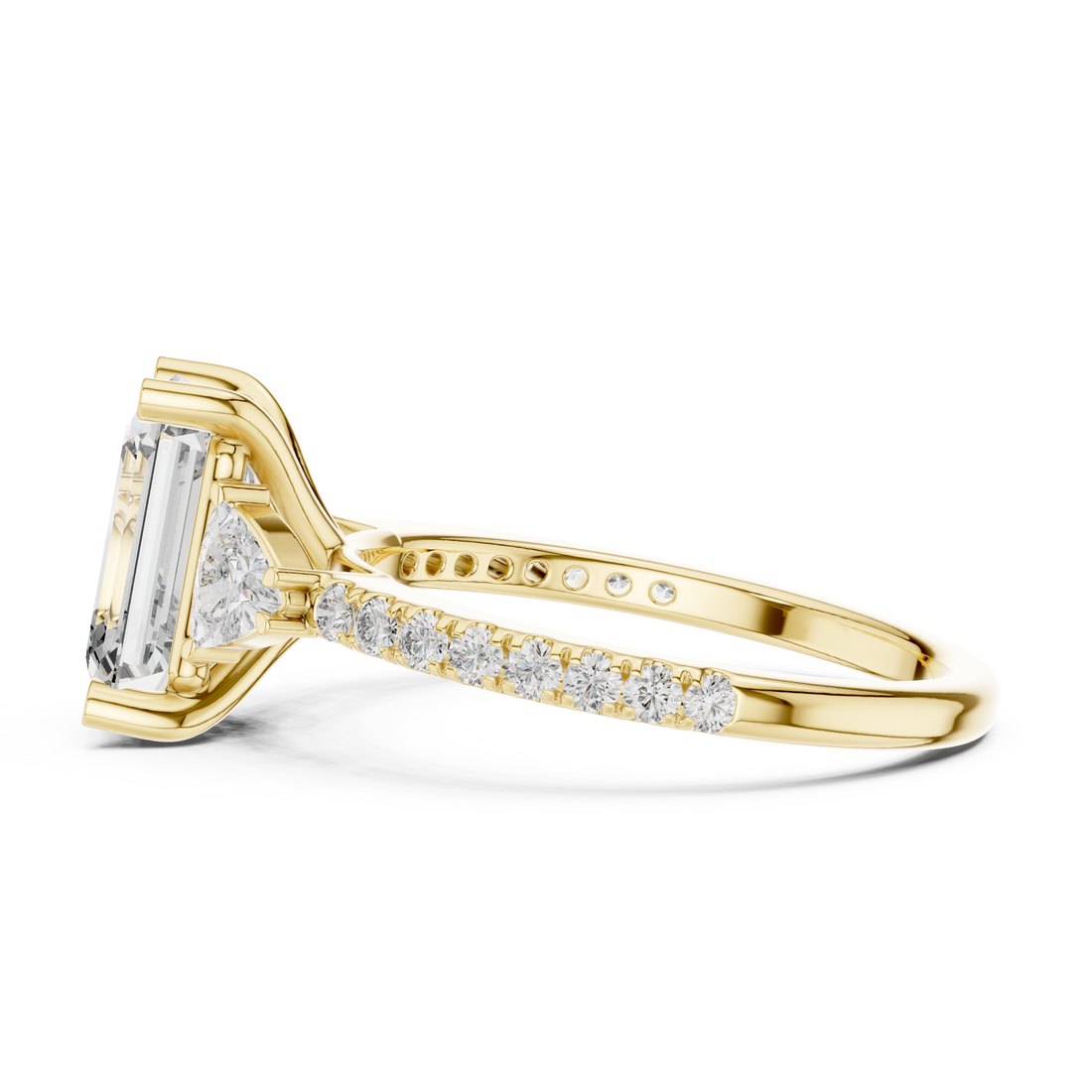 Emerald Cut Diamond Three Stone Engagement Ring with Trillion Side Stones and Pavé Band