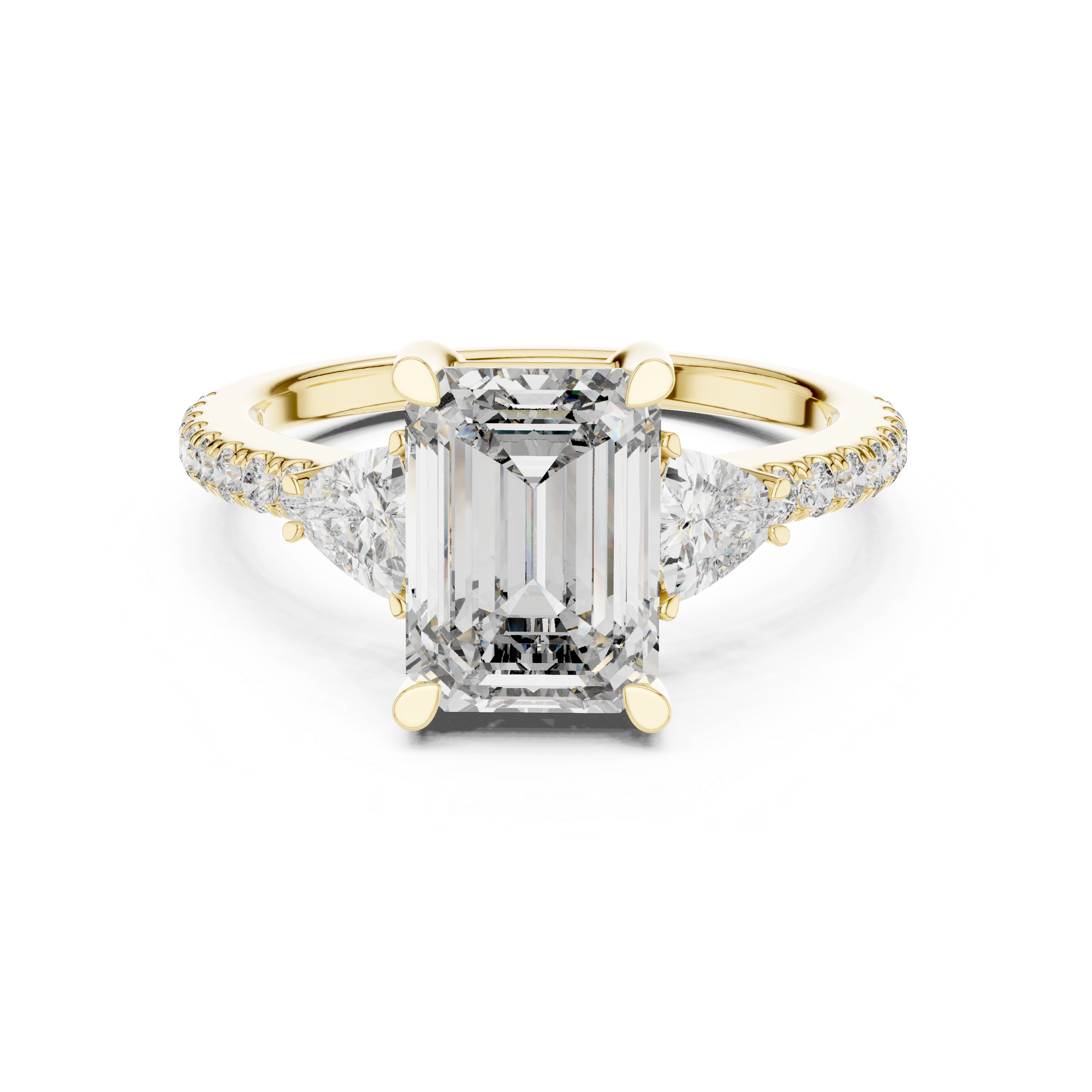 Emerald Cut Diamond Three Stone Engagement Ring with Trillion Side Stones and Pavé Band