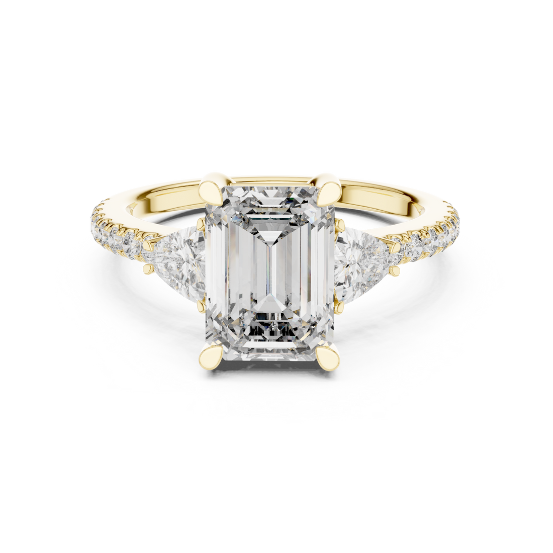Emerald Cut Diamond Three Stone Engagement Ring with Trillion Side Stones and Pavé Band