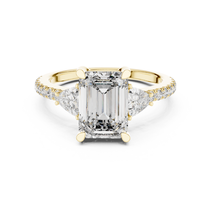 Emerald Cut Diamond Three Stone Engagement Ring with Trillion Side Stones and Pavé Band