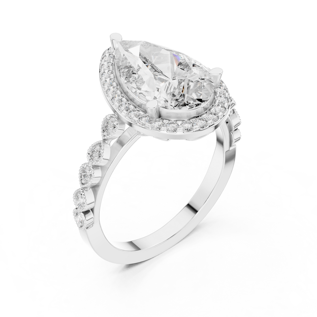 Pear Cut Diamond Halo Engagement Ring with Pavé Band