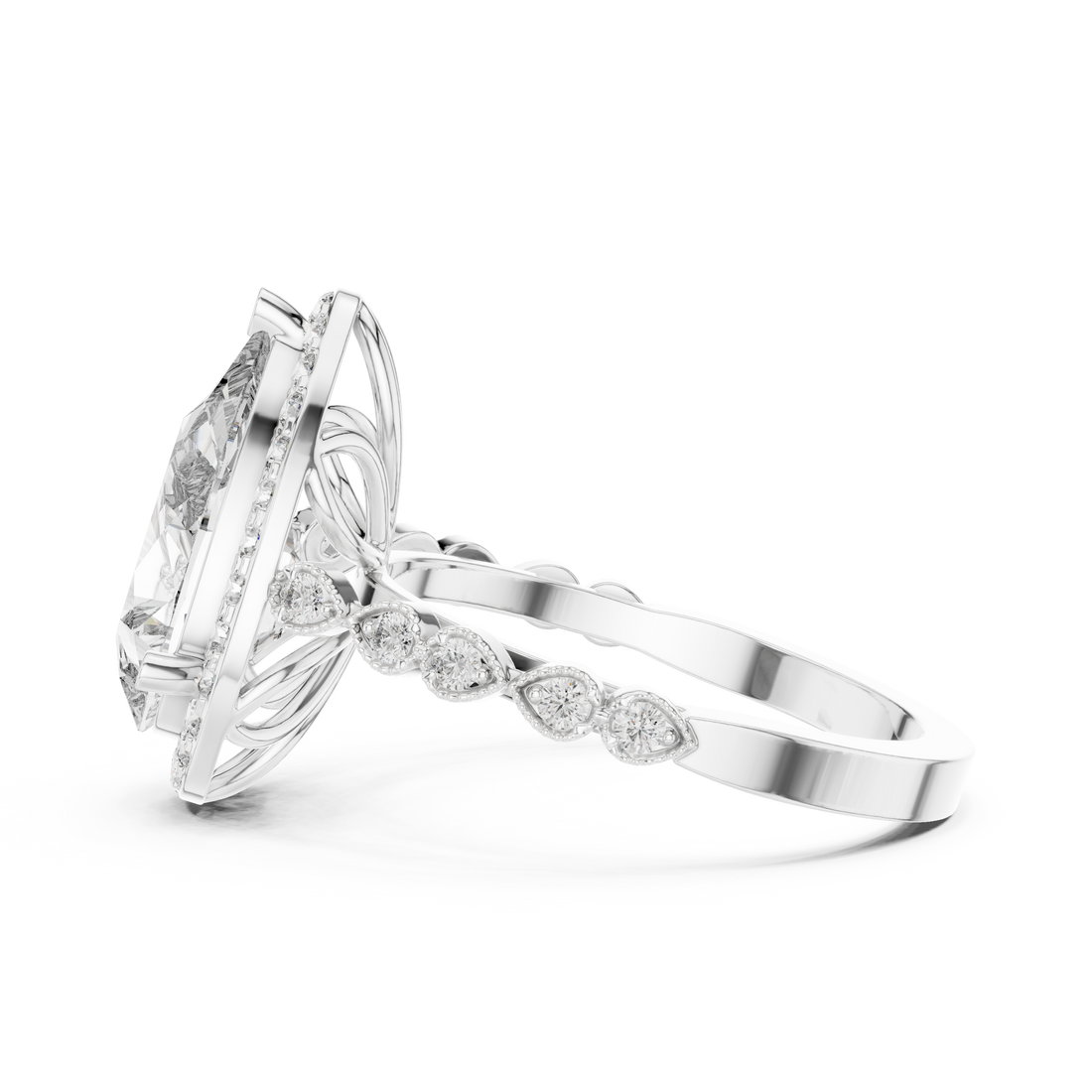 Pear Cut Diamond Halo Engagement Ring with Pavé Band