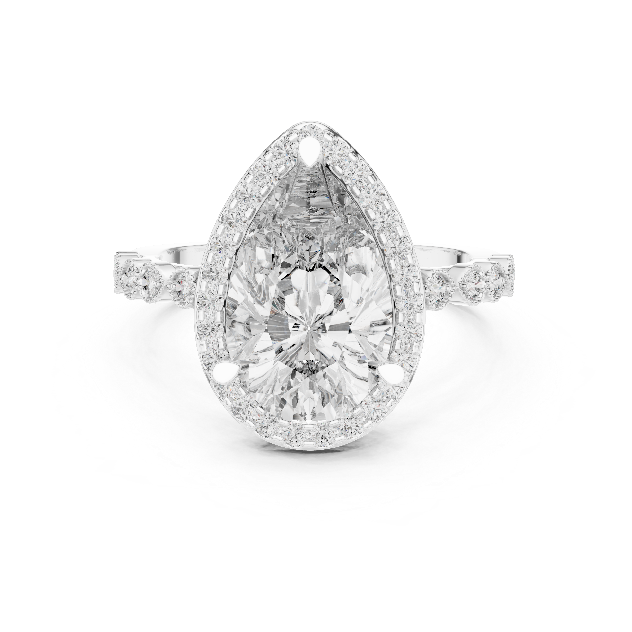 Pear Cut Diamond Halo Engagement Ring with Pavé Band
