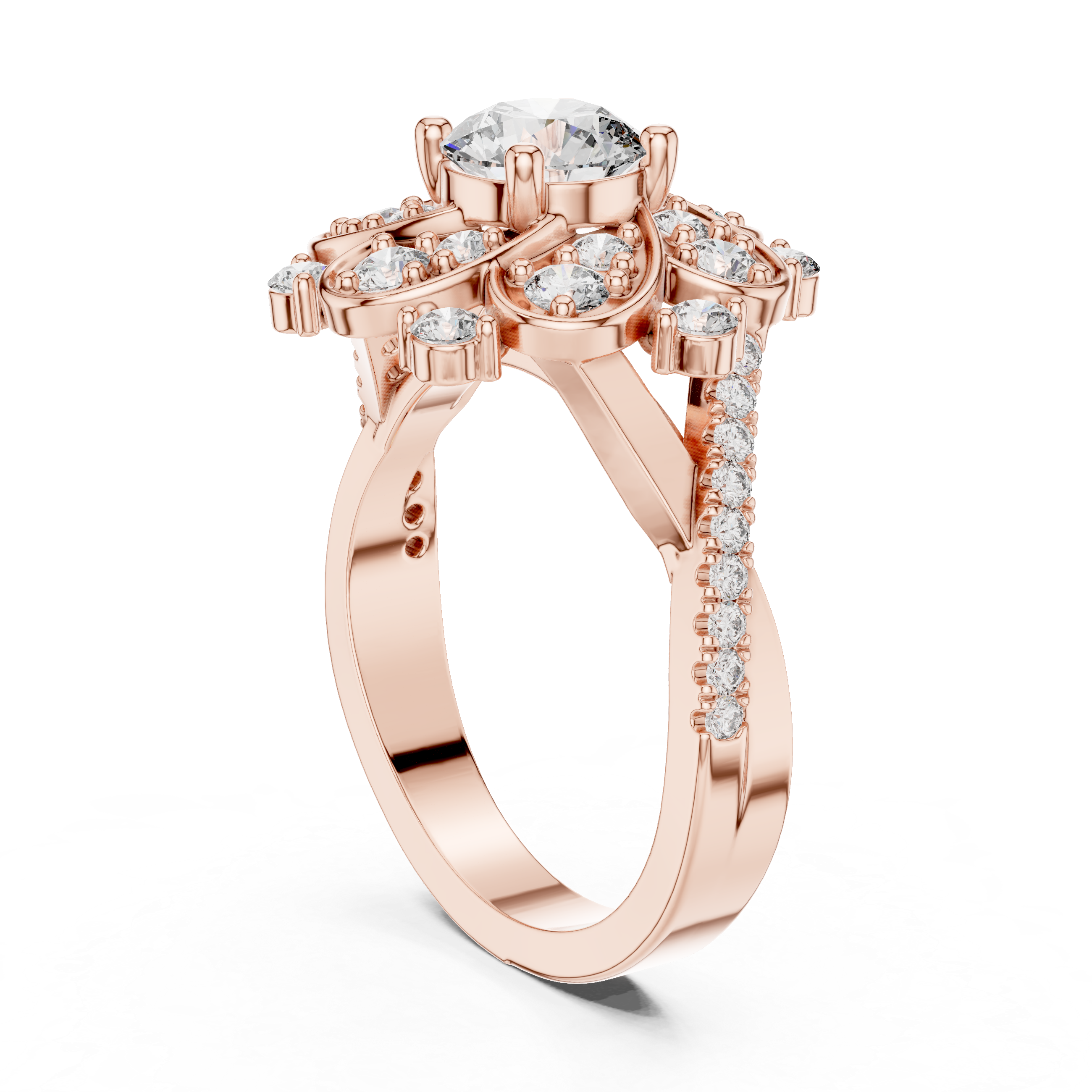 Round Diamond Floral Halo Engagement Ring with Pavé band