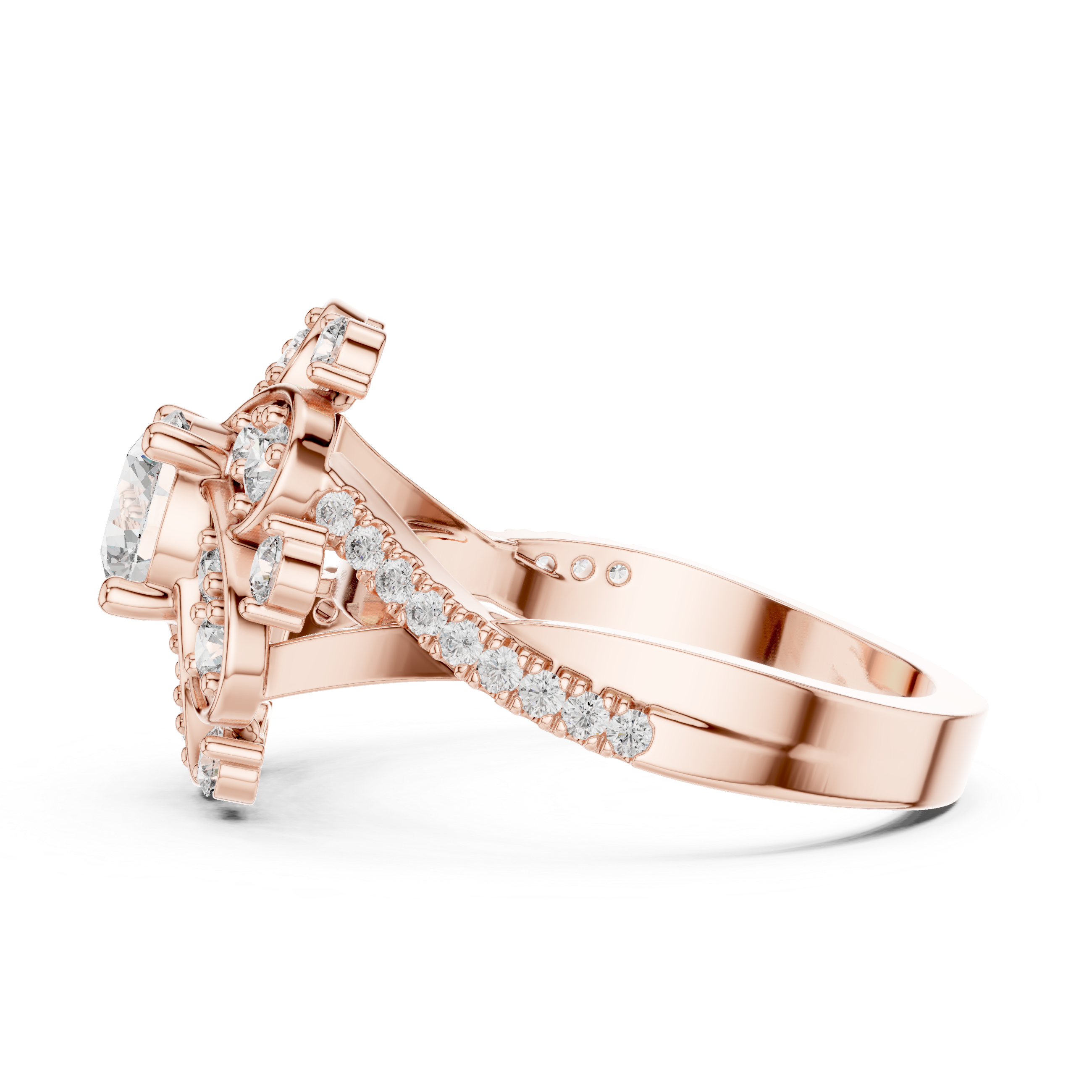 Round Diamond Floral Halo Engagement Ring with Pavé band