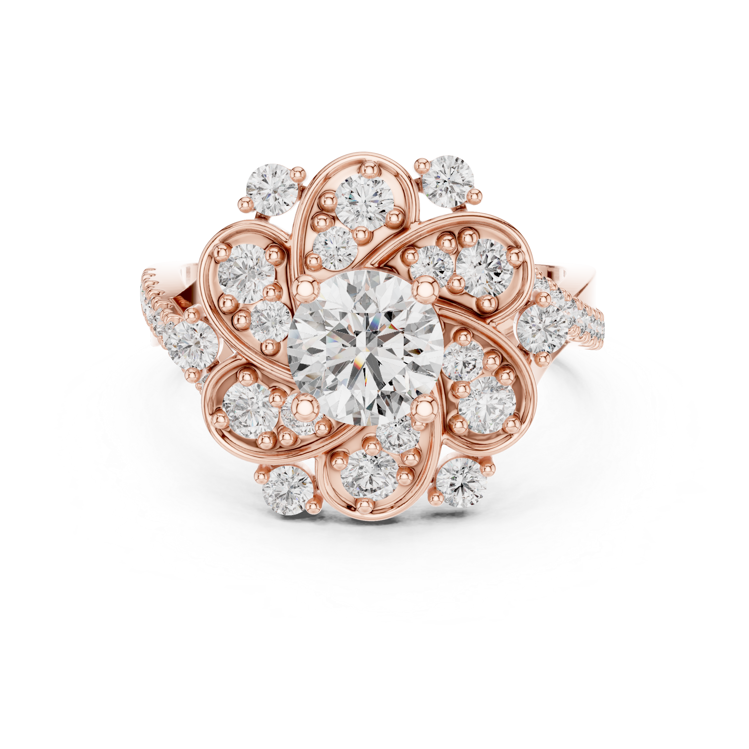 Round Diamond Floral Halo Engagement Ring with Pavé band