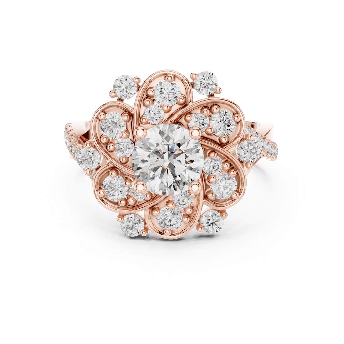 Round Diamond Floral Halo Engagement Ring with Pavé band