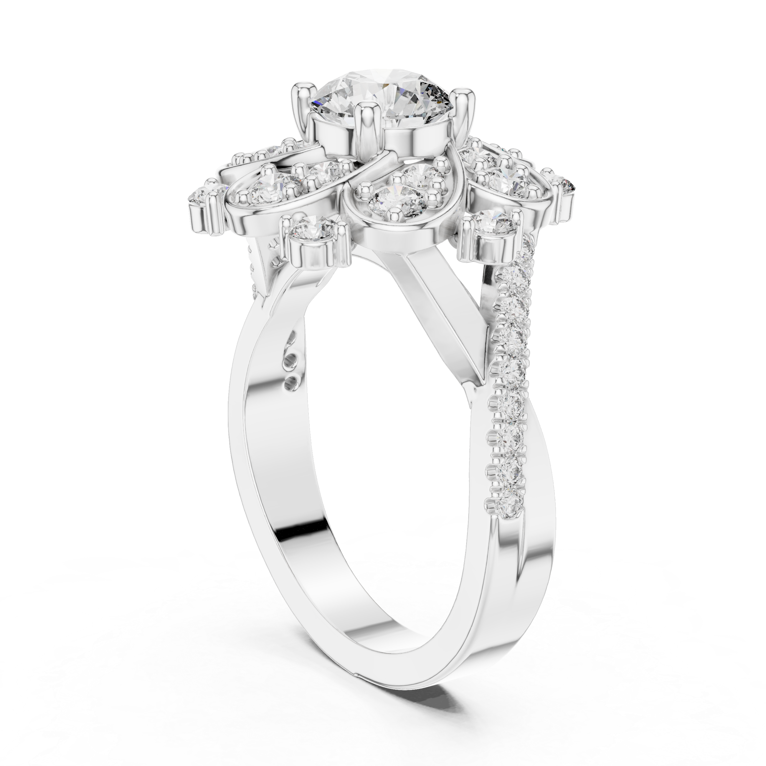 Round Diamond Floral Halo Engagement Ring with Pavé band
