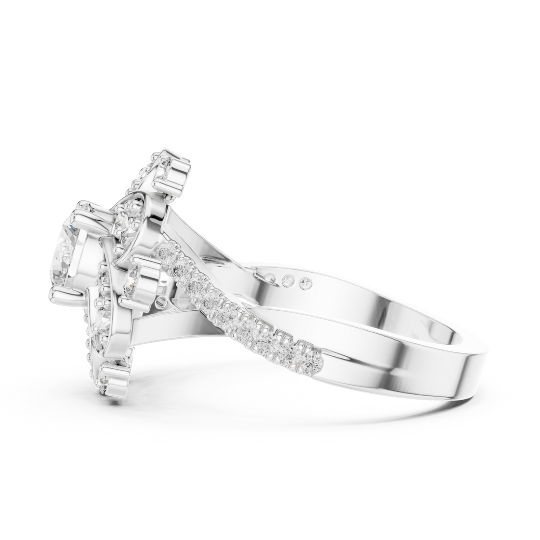 Round Diamond Floral Halo Engagement Ring with Pavé band