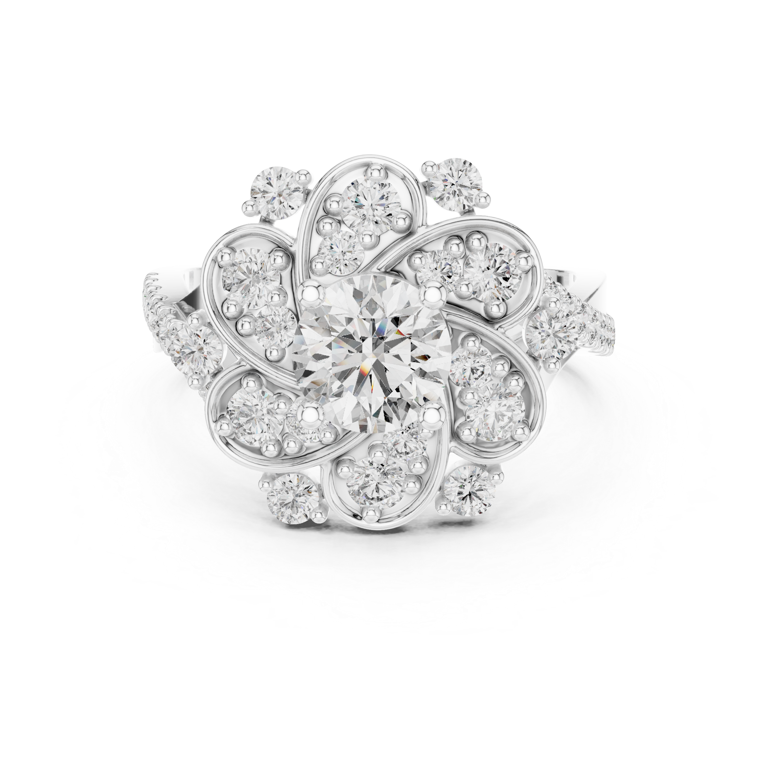 Round Diamond Floral Halo Engagement Ring with Pavé band