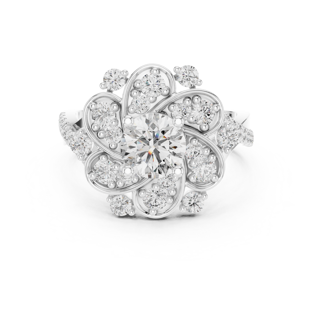 Round Diamond Floral Halo Engagement Ring with Pavé band