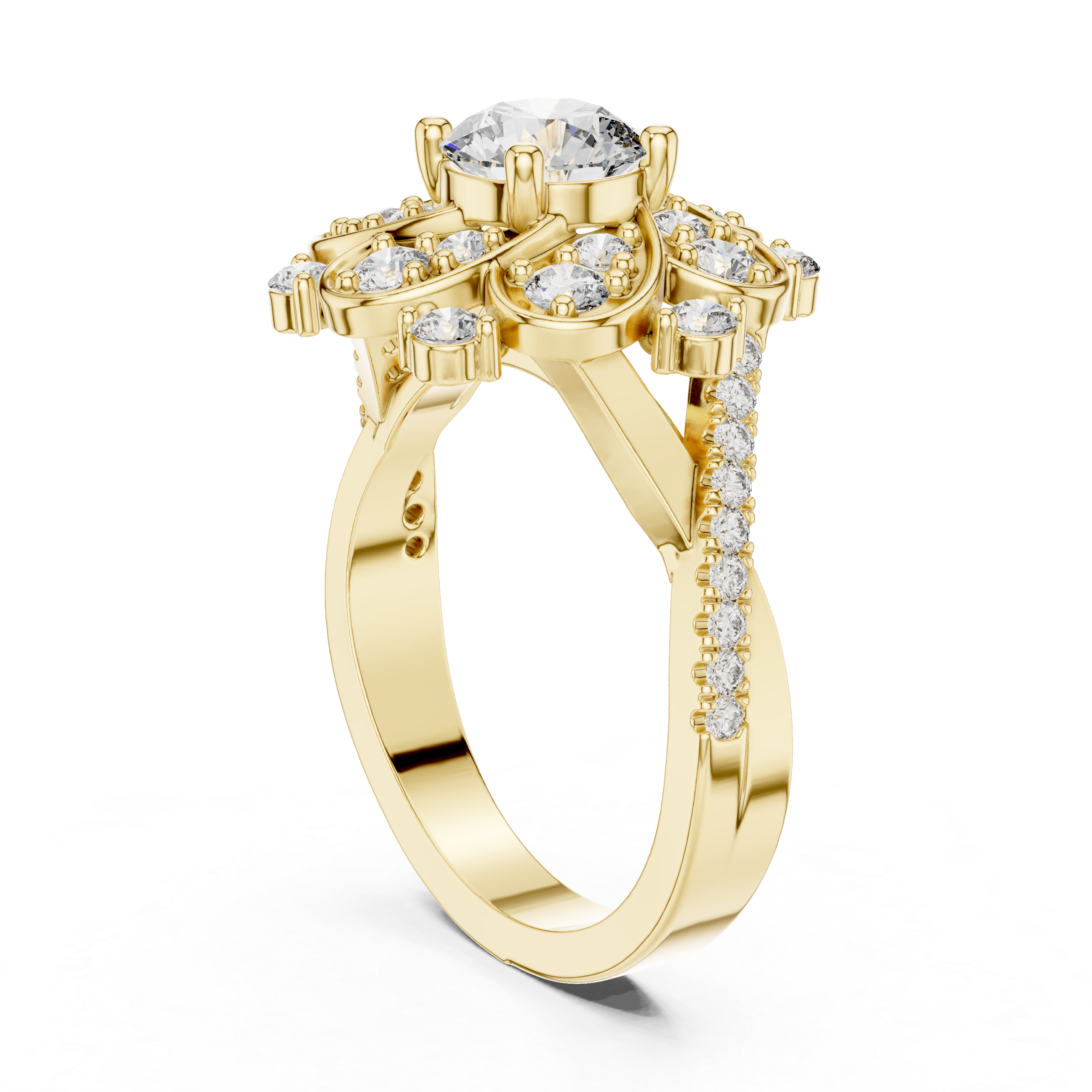 Round Diamond Floral Halo Engagement Ring with Pavé band