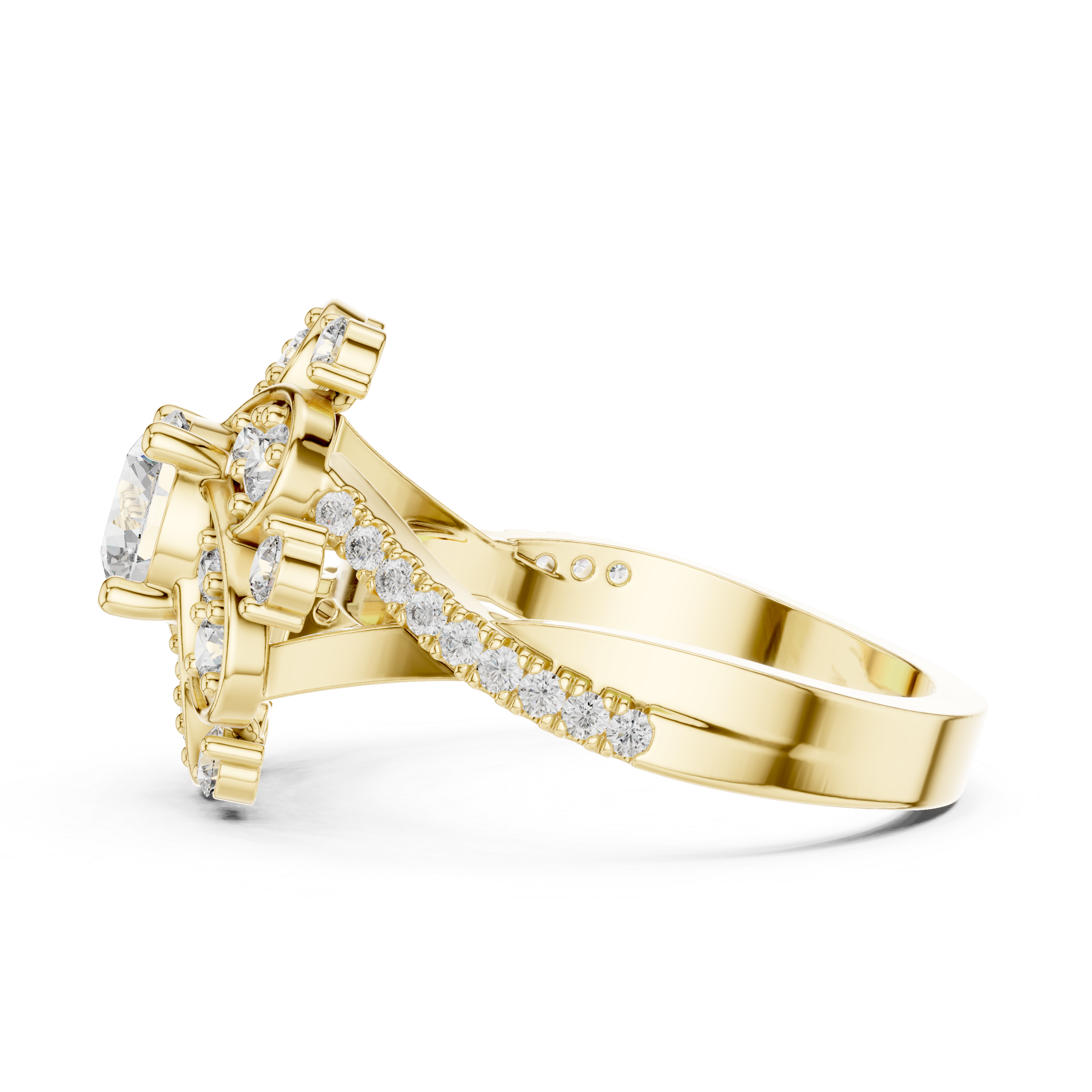 Round Diamond Floral Halo Engagement Ring with Pavé band