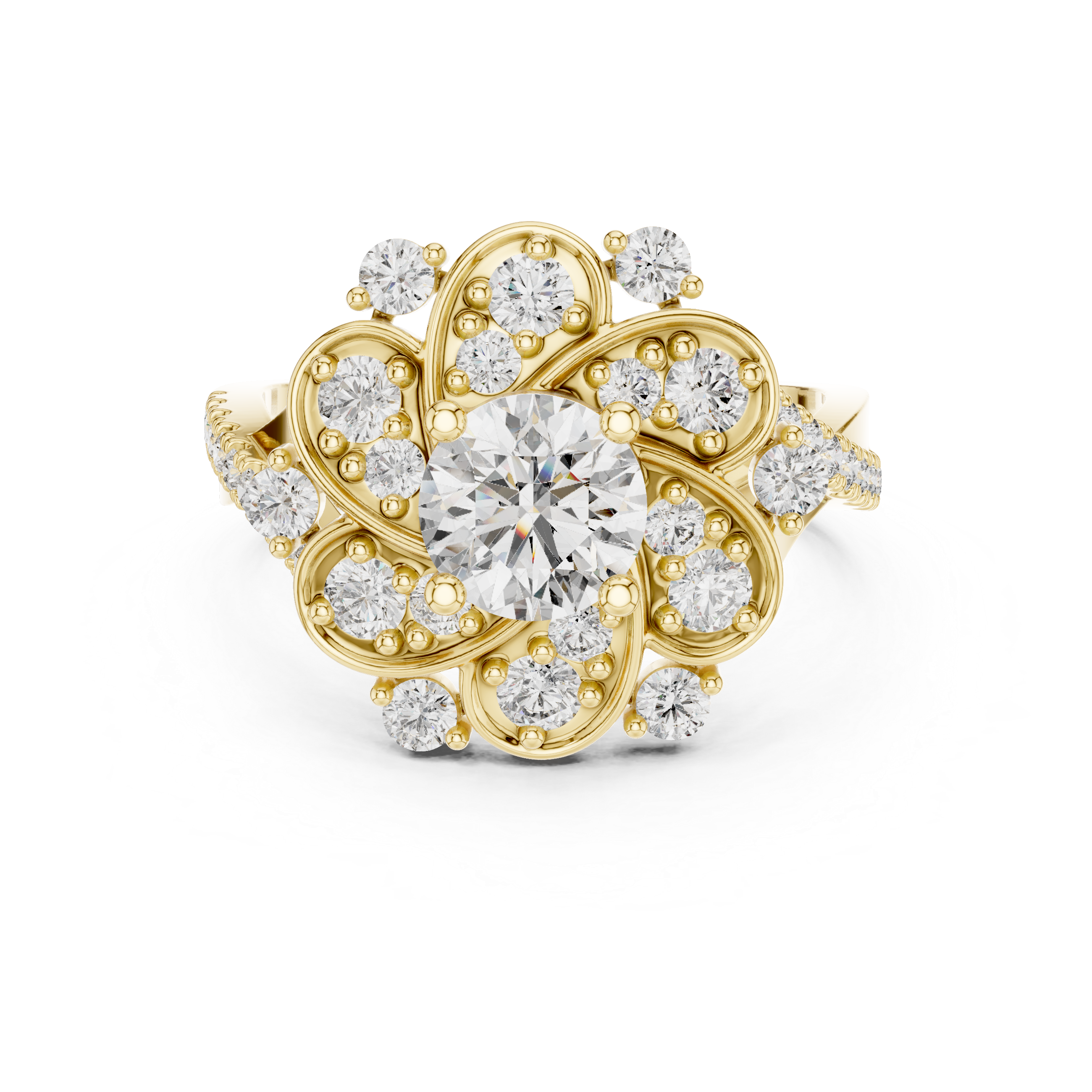 Round Diamond Floral Halo Engagement Ring with Pavé band