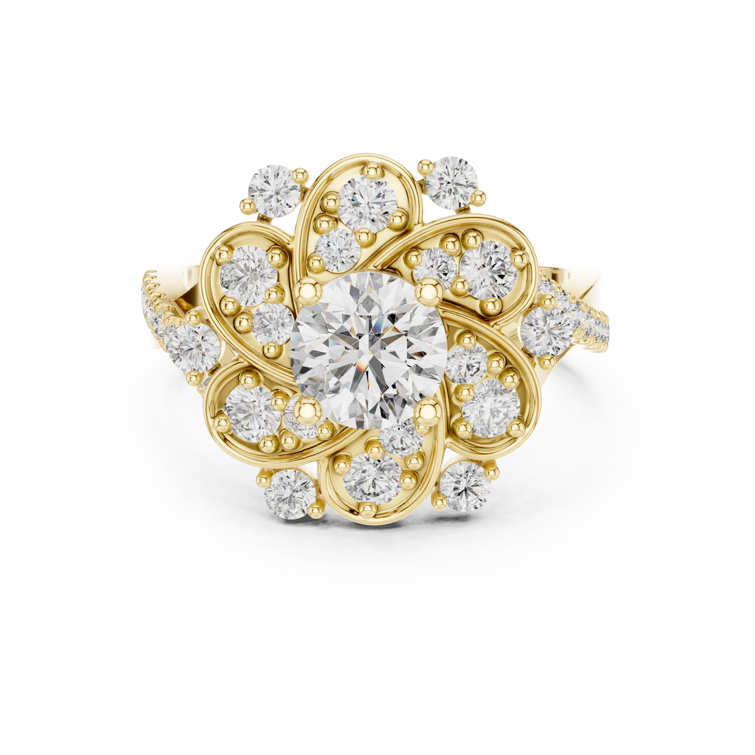 Round Diamond Floral Halo Engagement Ring with Pavé band