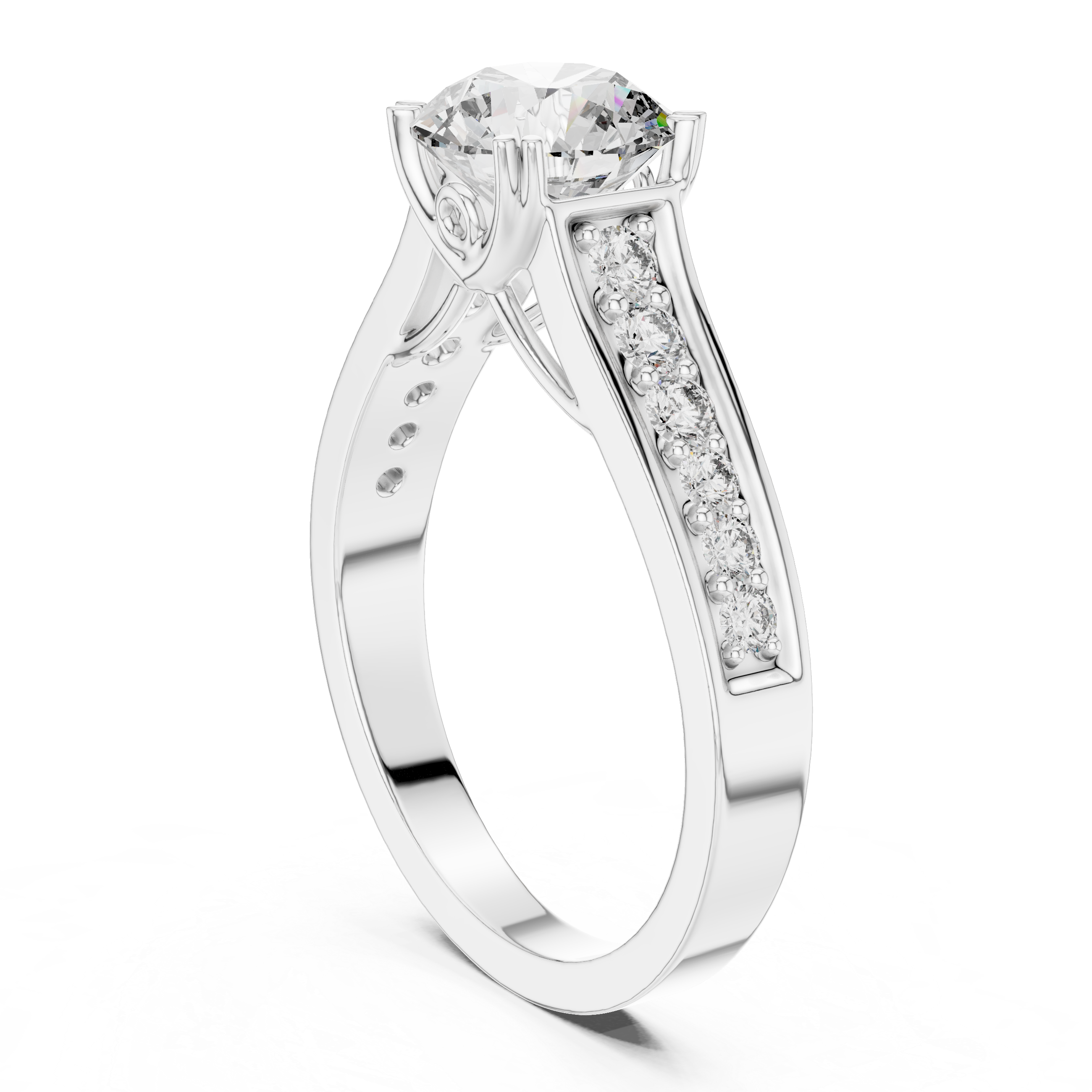 Round Cut Diamond Solitaire Ring with Pavé Split Band