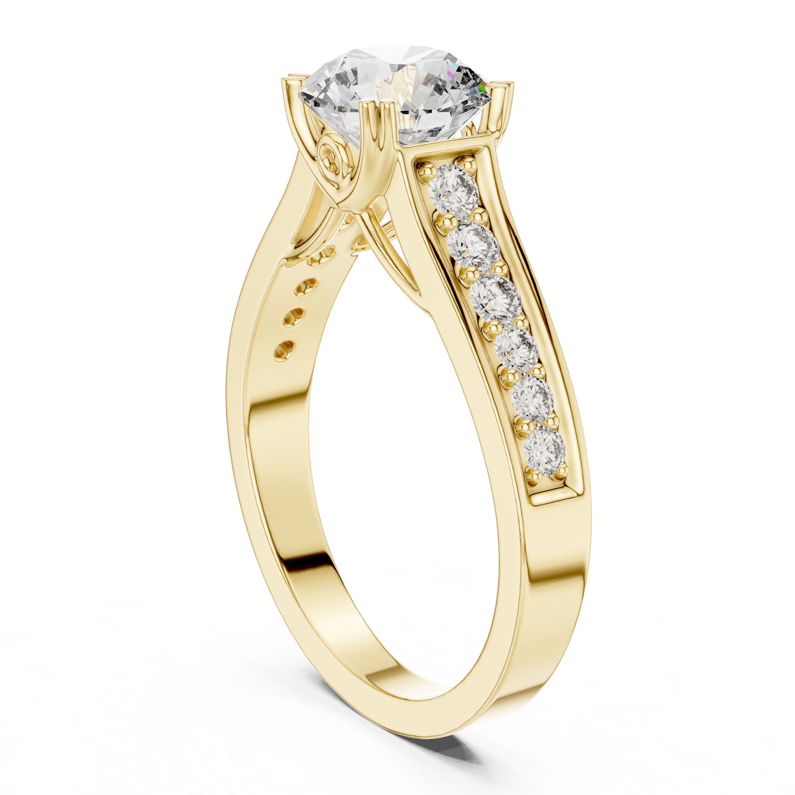Round Cut Diamond Solitaire Ring with Pavé Split Band