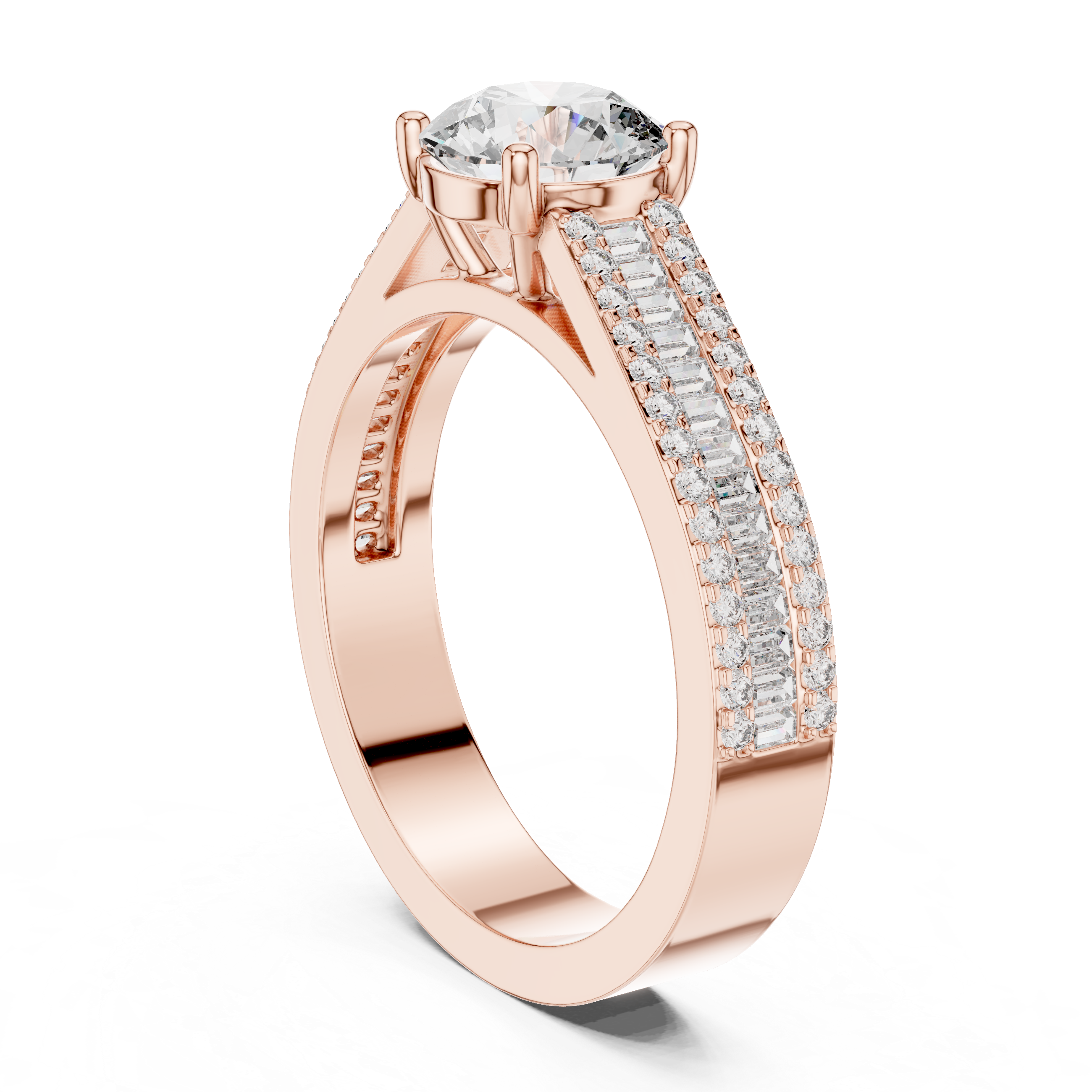 Round Cut Diamond Solitaire Ring with Baguette and Pavé Band
