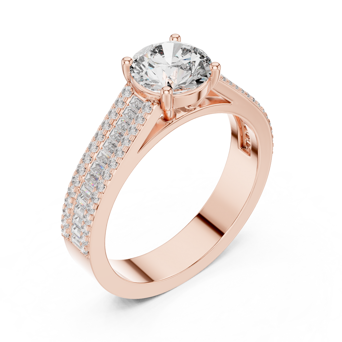 Round Cut Diamond Solitaire Ring with Baguette and Pavé Band