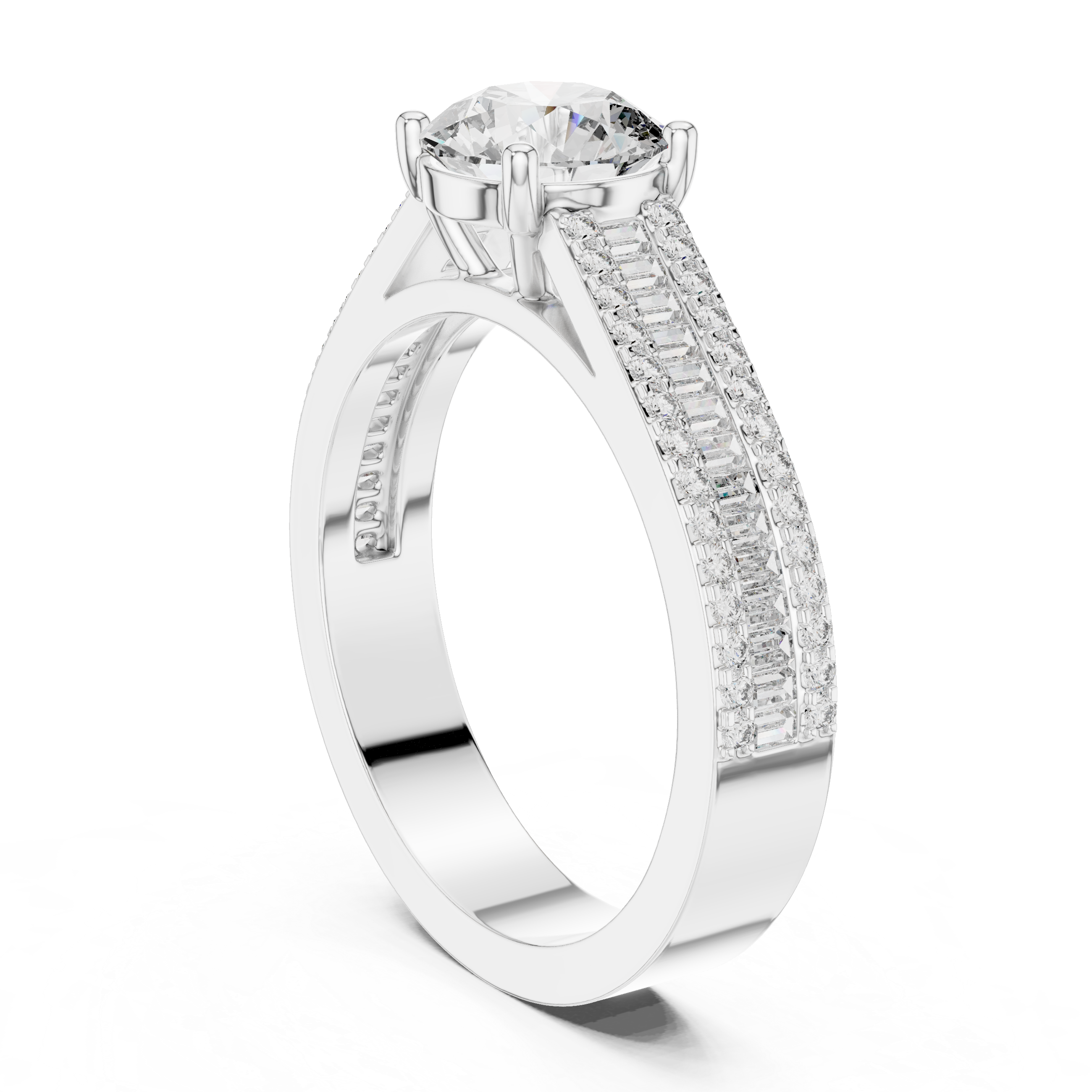 Round Cut Diamond Solitaire Ring with Baguette and Pavé Band