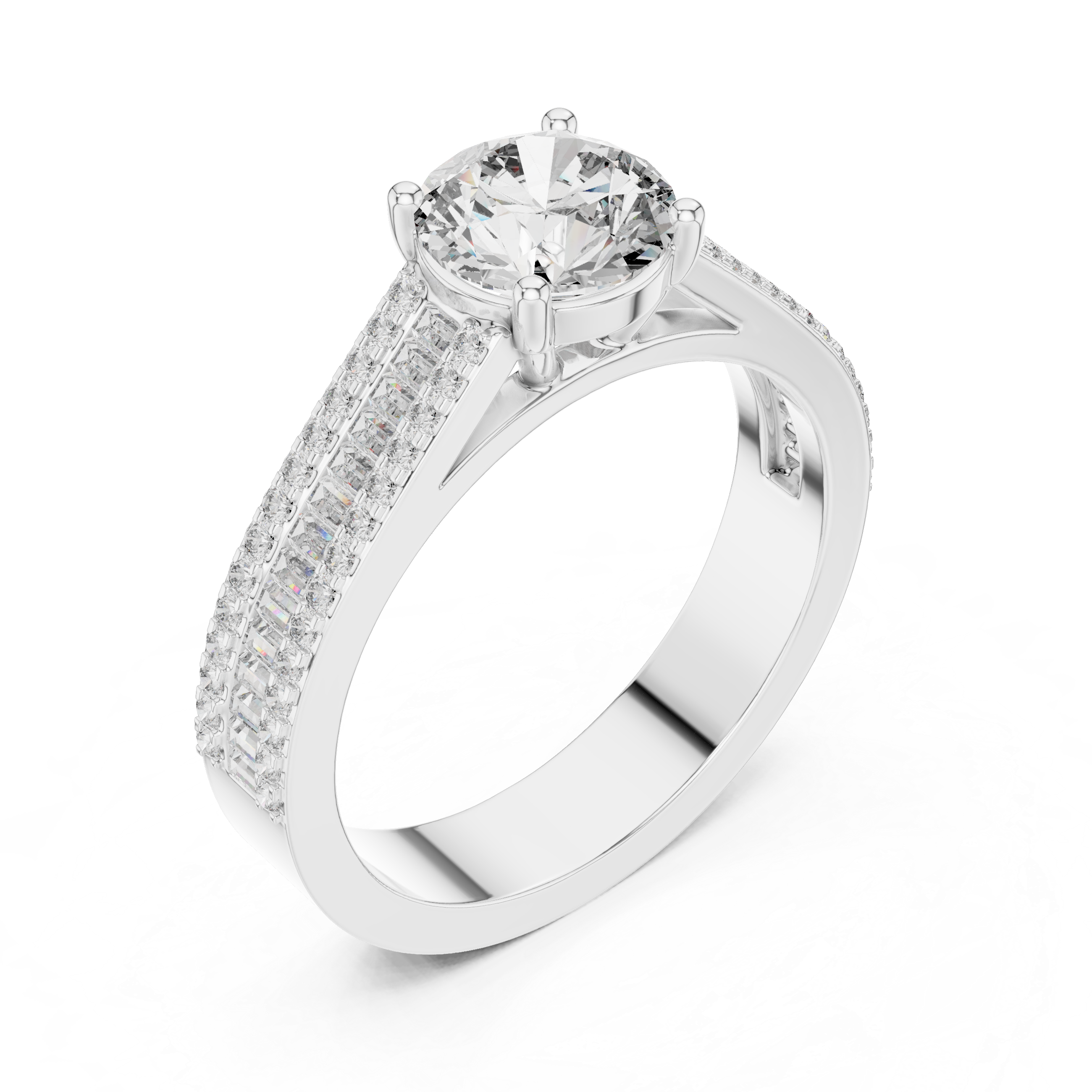 Round Cut Diamond Solitaire Ring with Baguette and Pavé Band