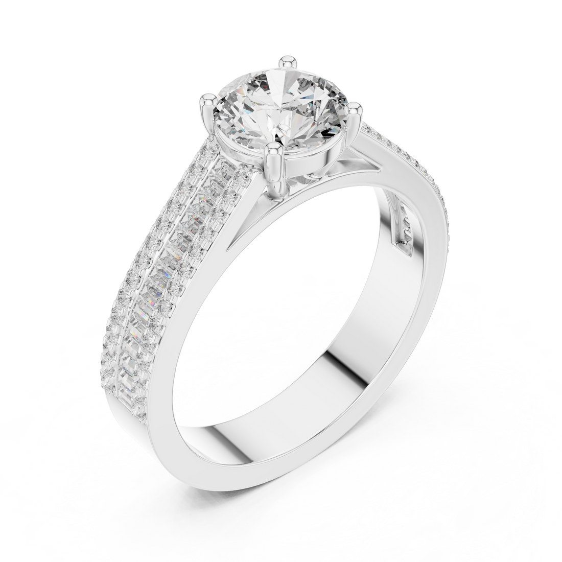 Round Cut Diamond Solitaire Ring with Baguette and Pavé Band